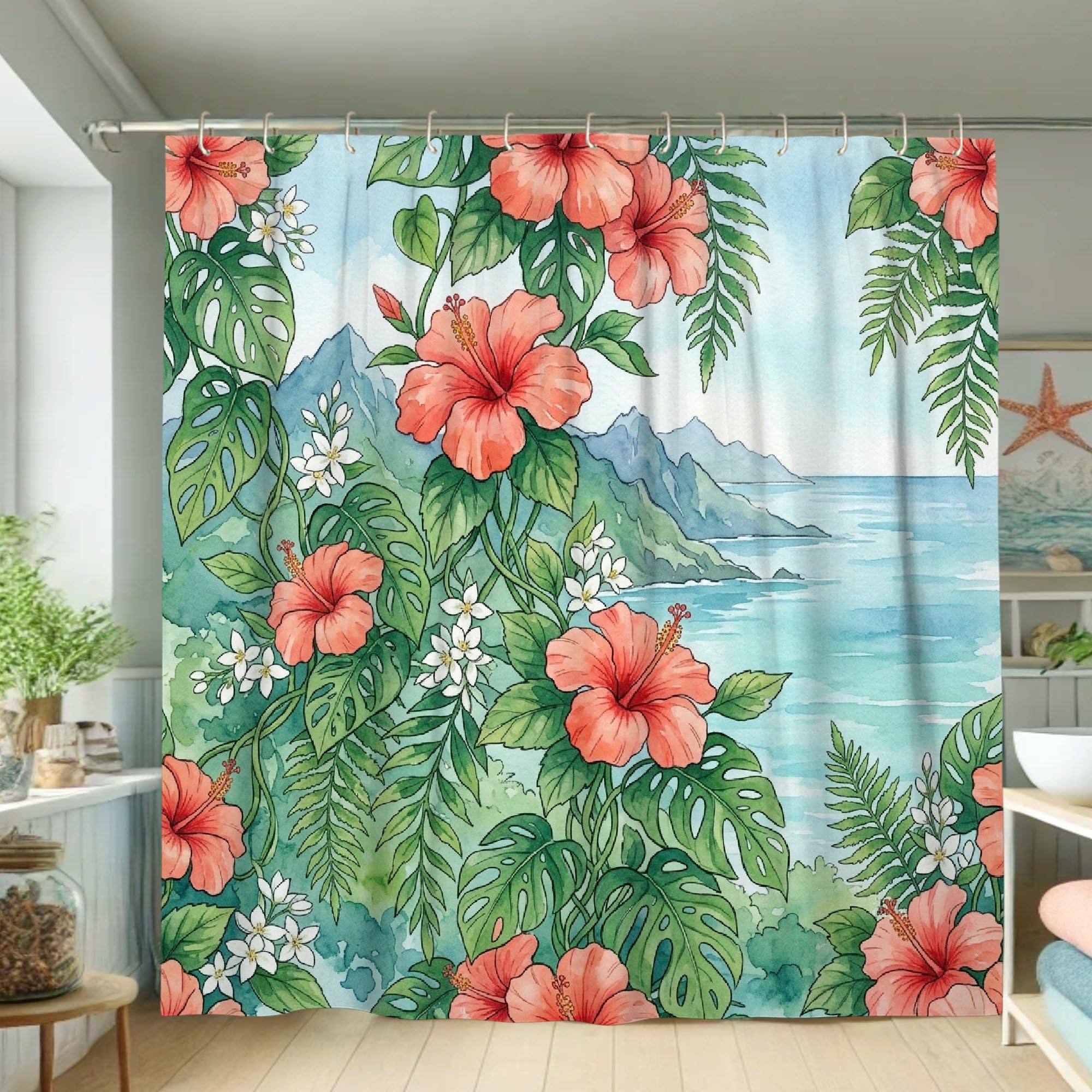 Rideau de douche motif hibiscus et feuilles tropicales lavable pour baignoire d'appartement