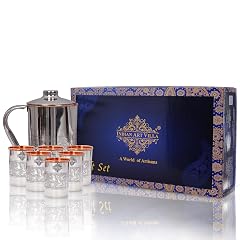 Indian Art Villa Steel Copper Drinkware Gift Set of Embossed Design 1 Jug 6 Glass With Black Gift