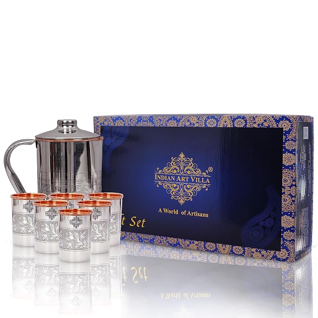 Indian Art Villa Steel Copper Drinkware Gift Set of Embossed Design 1 Jug 6 Glass With Black Gift