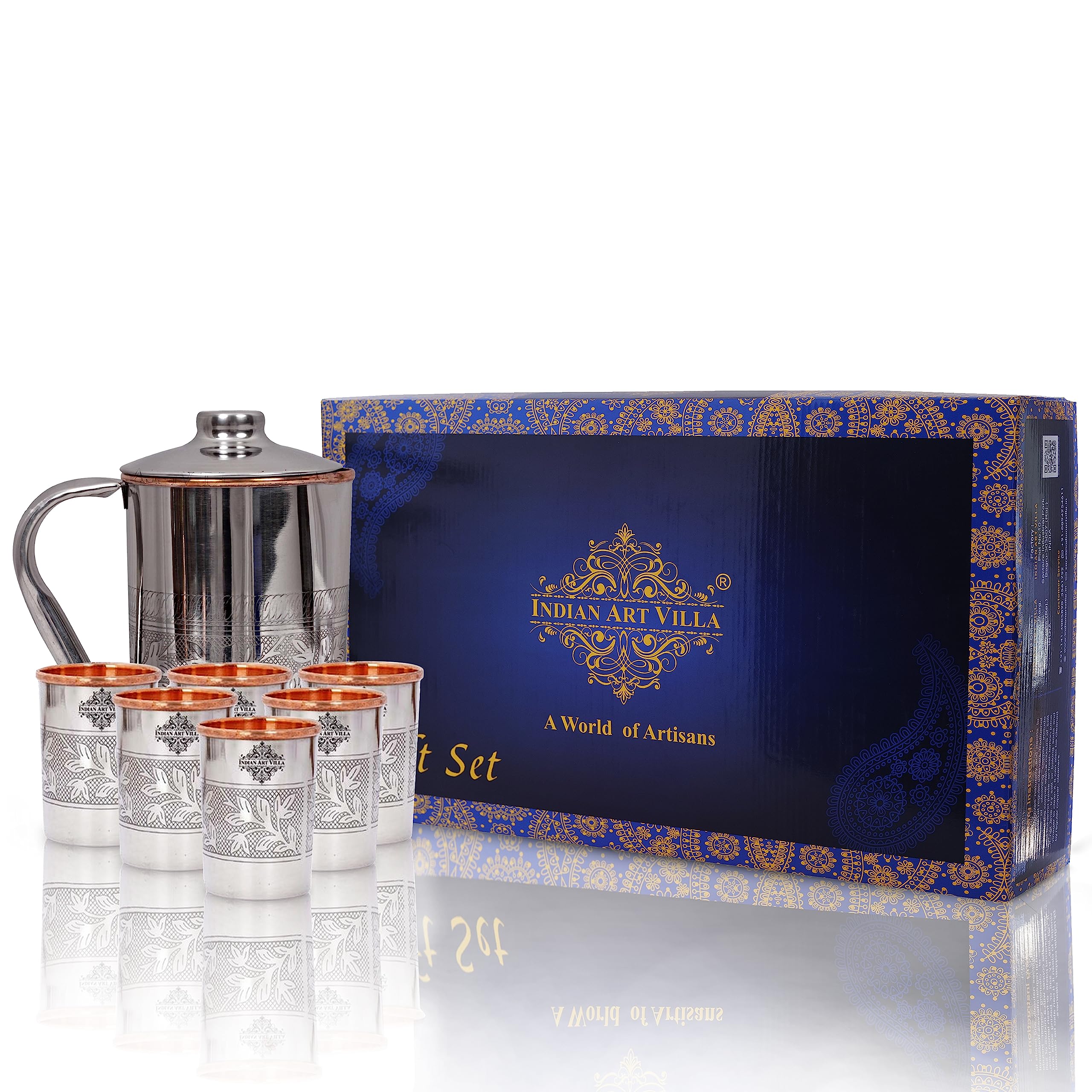 Indian Art Villa Steel Copper Drinkware Gift Set of Embossed Design 1 Jug 6 Glass With Black Gift