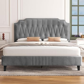 Yaheetech 5ft King Bed Frame, Velvet‑Upholstered Headboard, Light Gray