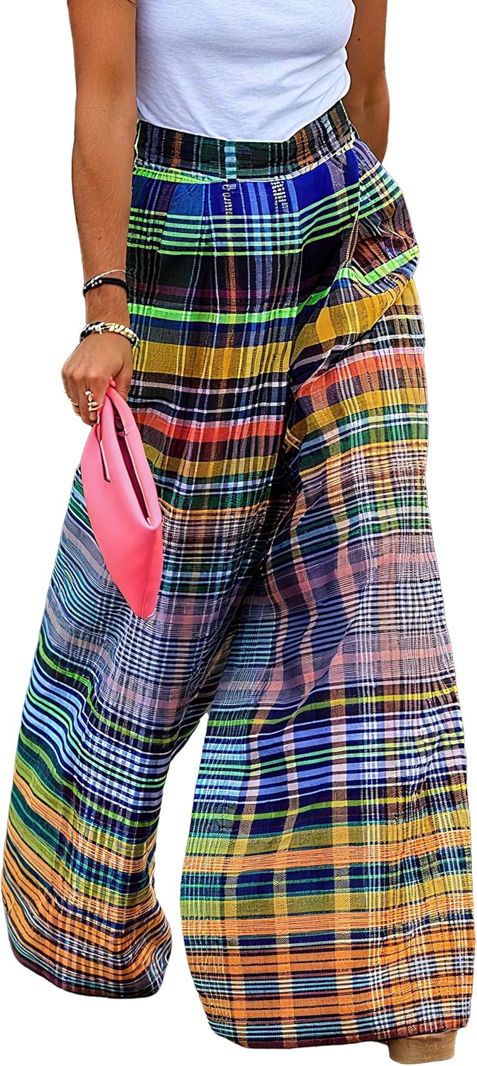 Women's Plaid Wide Leg Palazzo Pants Flowy Checkered Loose Elastic High Waist Lounge Trousers Casual Vacation Wear