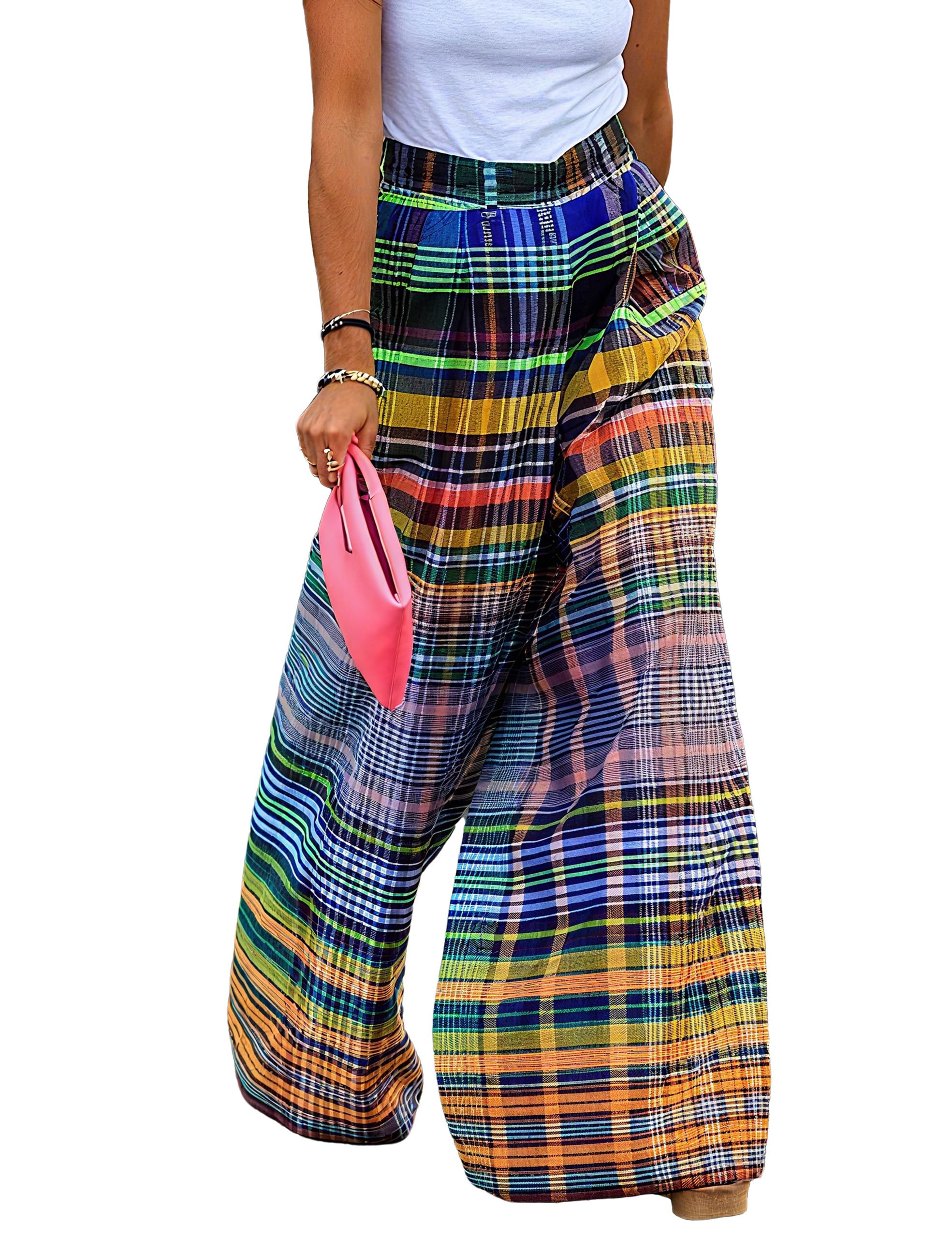 Womens Plaid Wide Leg Palazzo Pants Flowy Checkered Loose Elastic High Waist Lounge Trousers Casual Vacation Wear