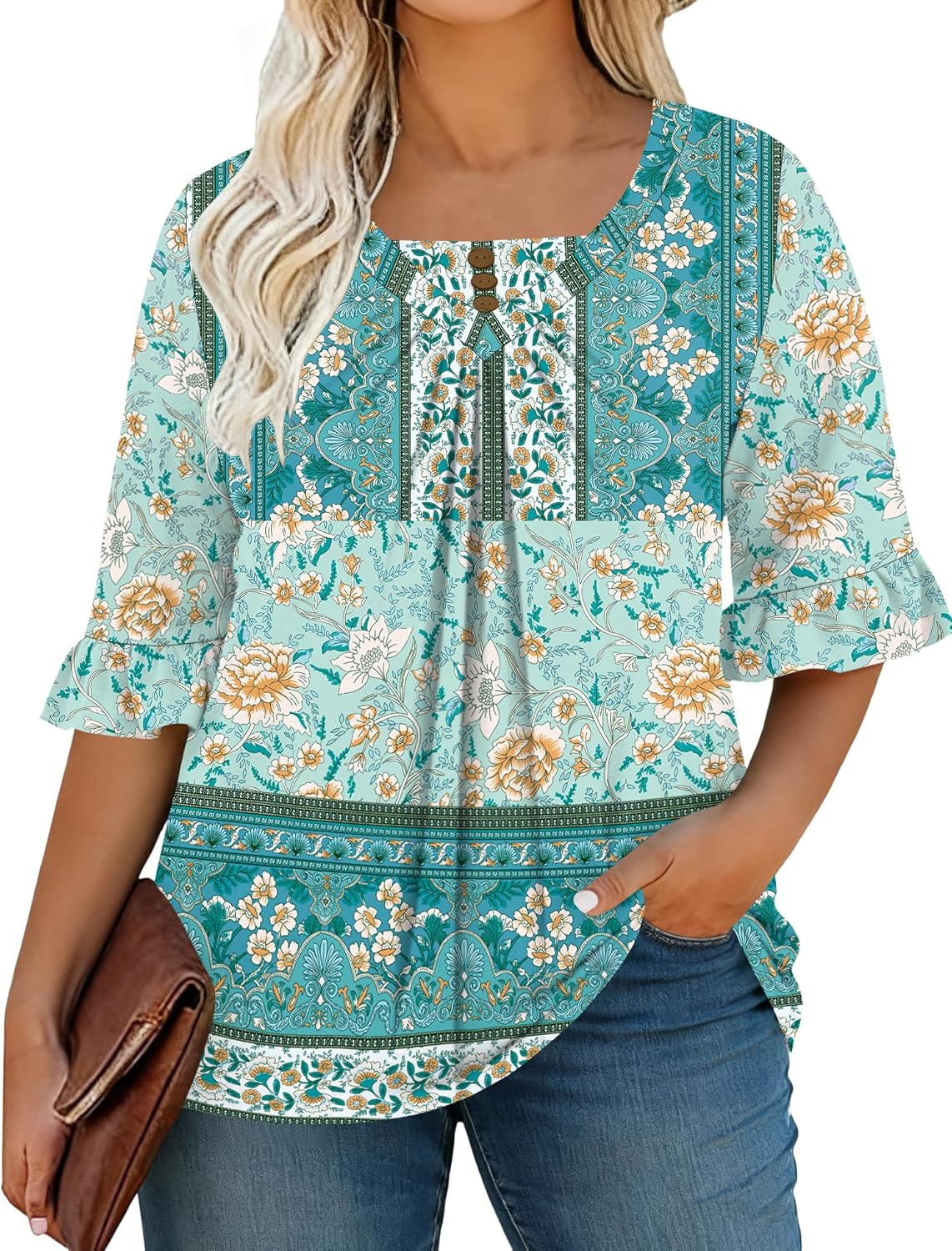 TFSDOD Womens Plus Size 3/4 Ruffle Sleeve Tunic Tops V Neck Pleated Dressy Casual Shirts Floral Print Blouses (1XL-5XL) - Image 2