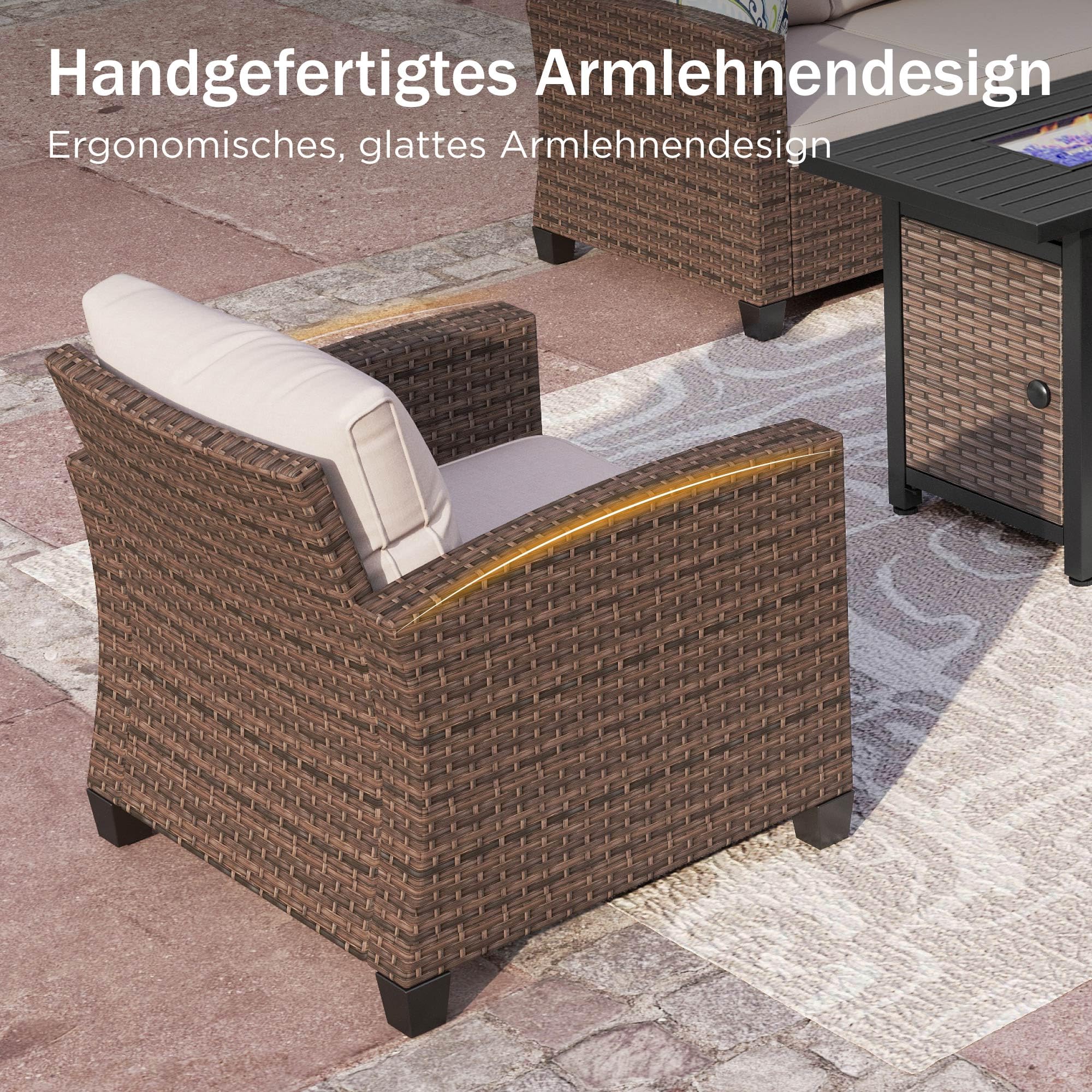 PHI VILLA Gartenmöbel Set Balkonmöbel 5 Stück, Rattan Lounge Möbel Outdoor Gartenlounge Set 7-Sitzer, Terrassenmöbel Modulare Möbel mit Verstärkten Kissen, Beige