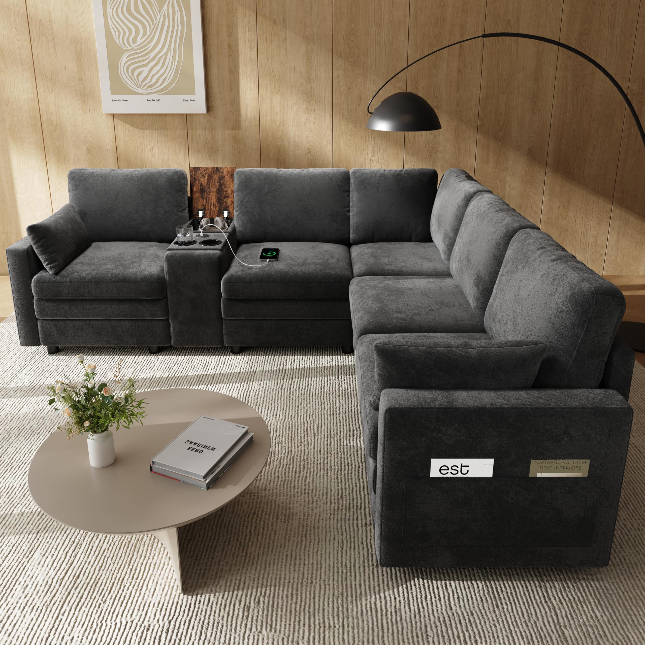 Sapgaks Canapé d'angle en Forme de L avec USB et Porte-gobelet,Canapé modulaire 5 Places avec Console Centrale Rabattable et Espace de Stockage,Canapé Nuage,Convient pour Le Salon et la Chambre,Gris