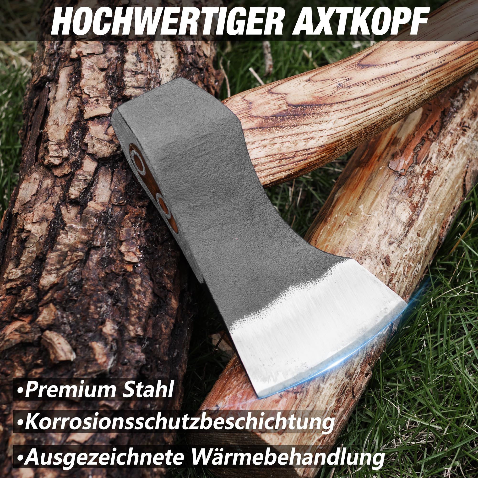 FLISSA Outdoor Axt mit Holzgriff und Lederscheide, 690 g Scharfes Kleine Axt 310mm Handbeil Holz Spalten für Camping, Garten und Wandern