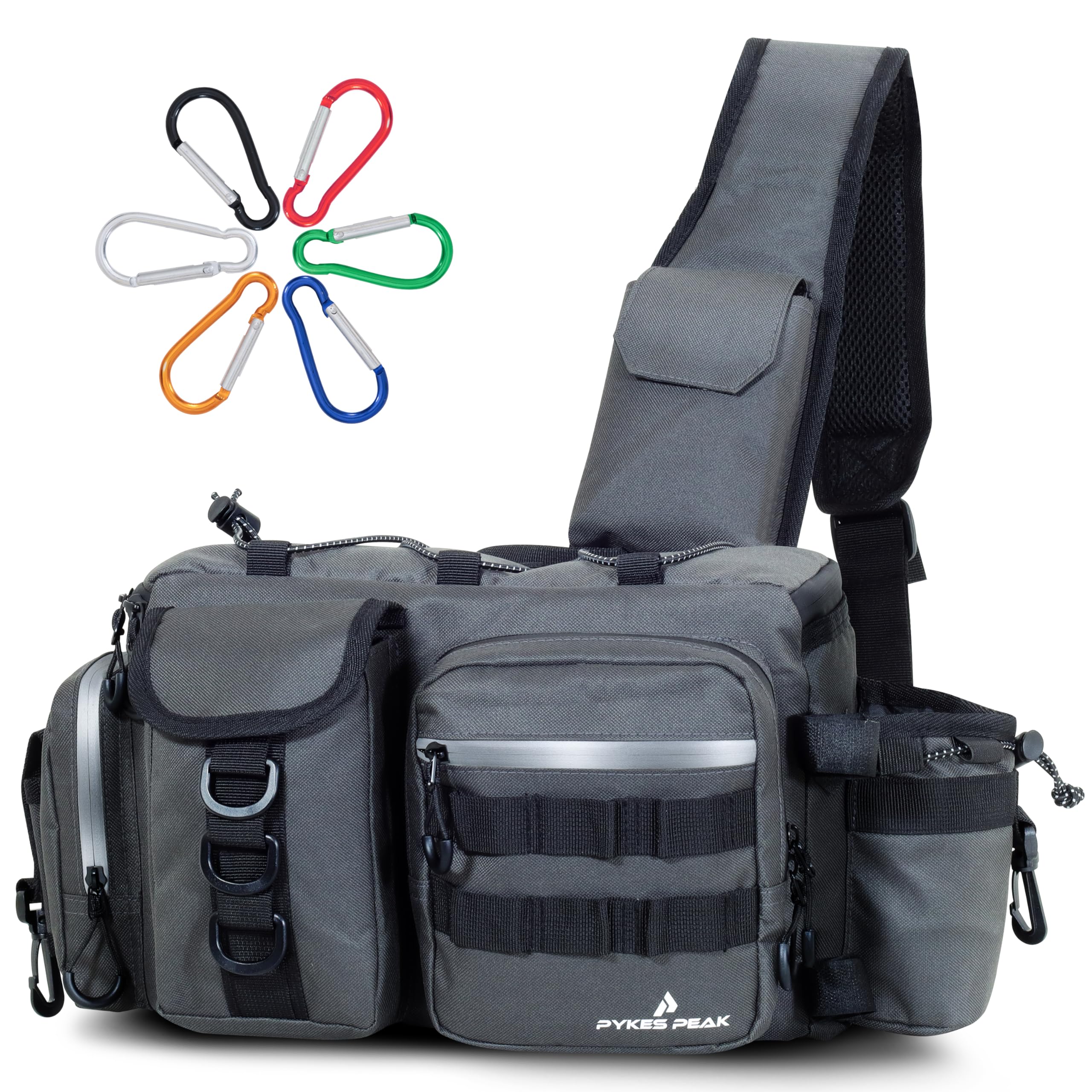 PYKES PEAK Fishing Bag | Waterproof Tackle Bag with Large Capacity | Includes 6 Carabiners | Versatile Fishing Shoulder Bag | Olive | L Size - Designed in Japan