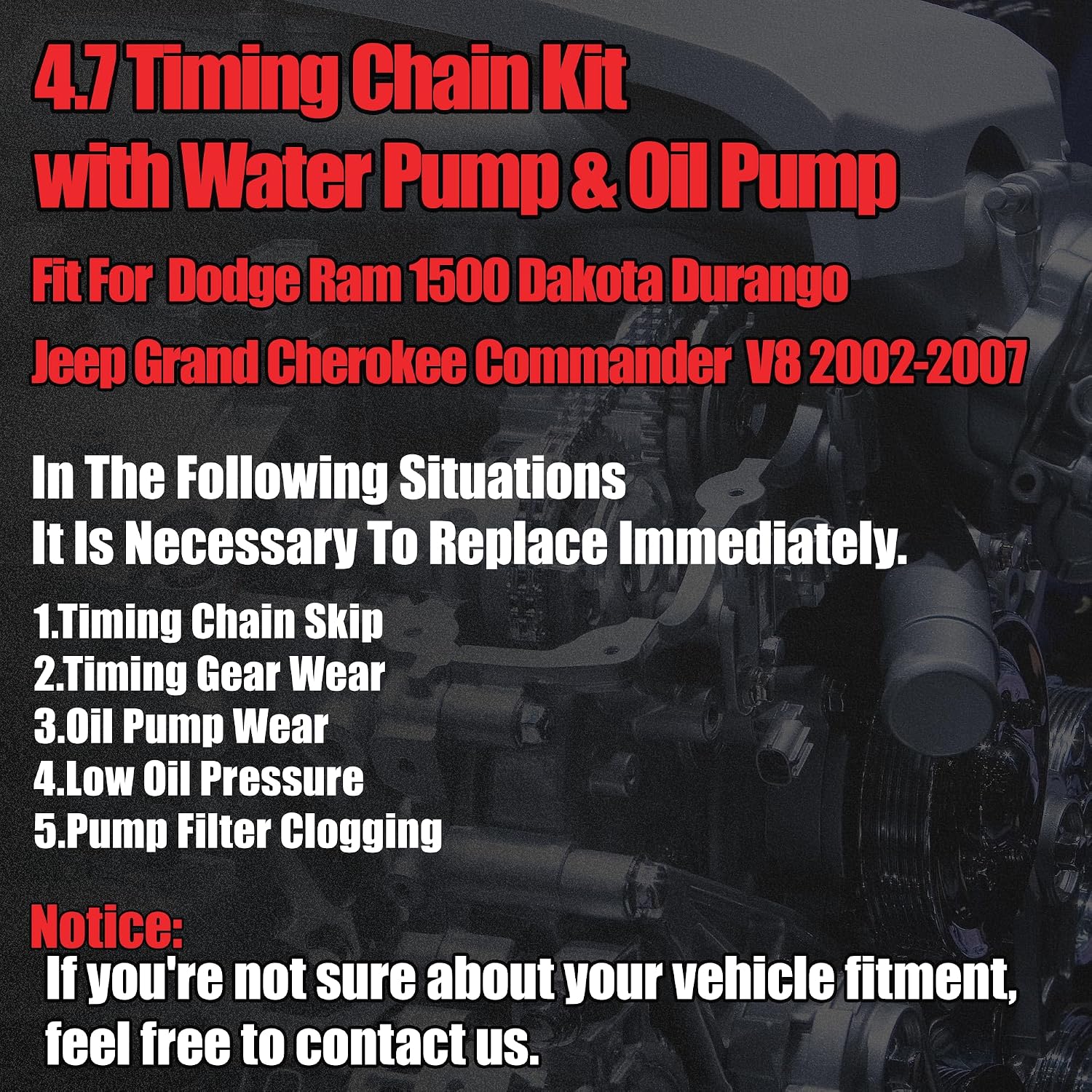 4.7 Timing Chain Kit With Water Pump & Oil Pump Fit For Dodge Ram 1500 Dakota Durango Jeep Grand Cherokee Commander 4.7L V8 2002-2007 Replace#53020680 53020681 53020679