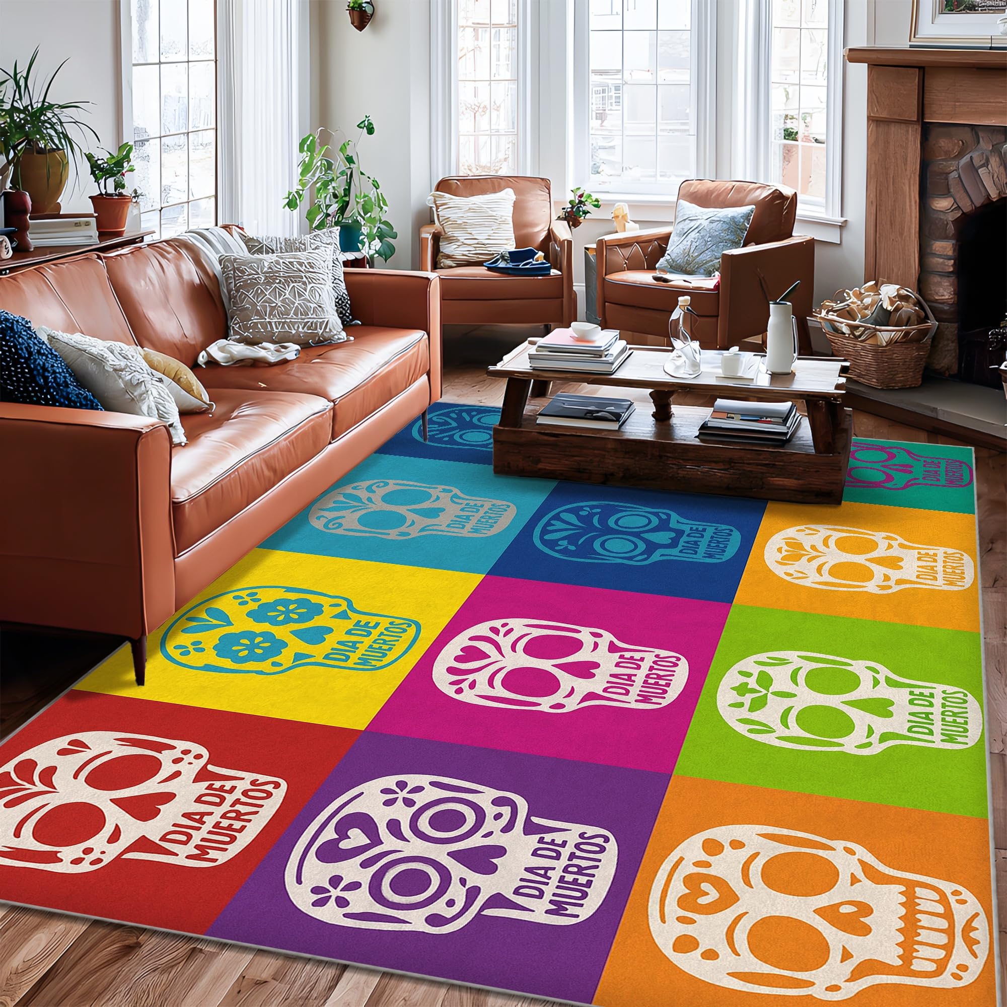 Tapis motif tête de mort floral Halloween grand tapis de sol rectangulaire coloré 1,8x2,7m