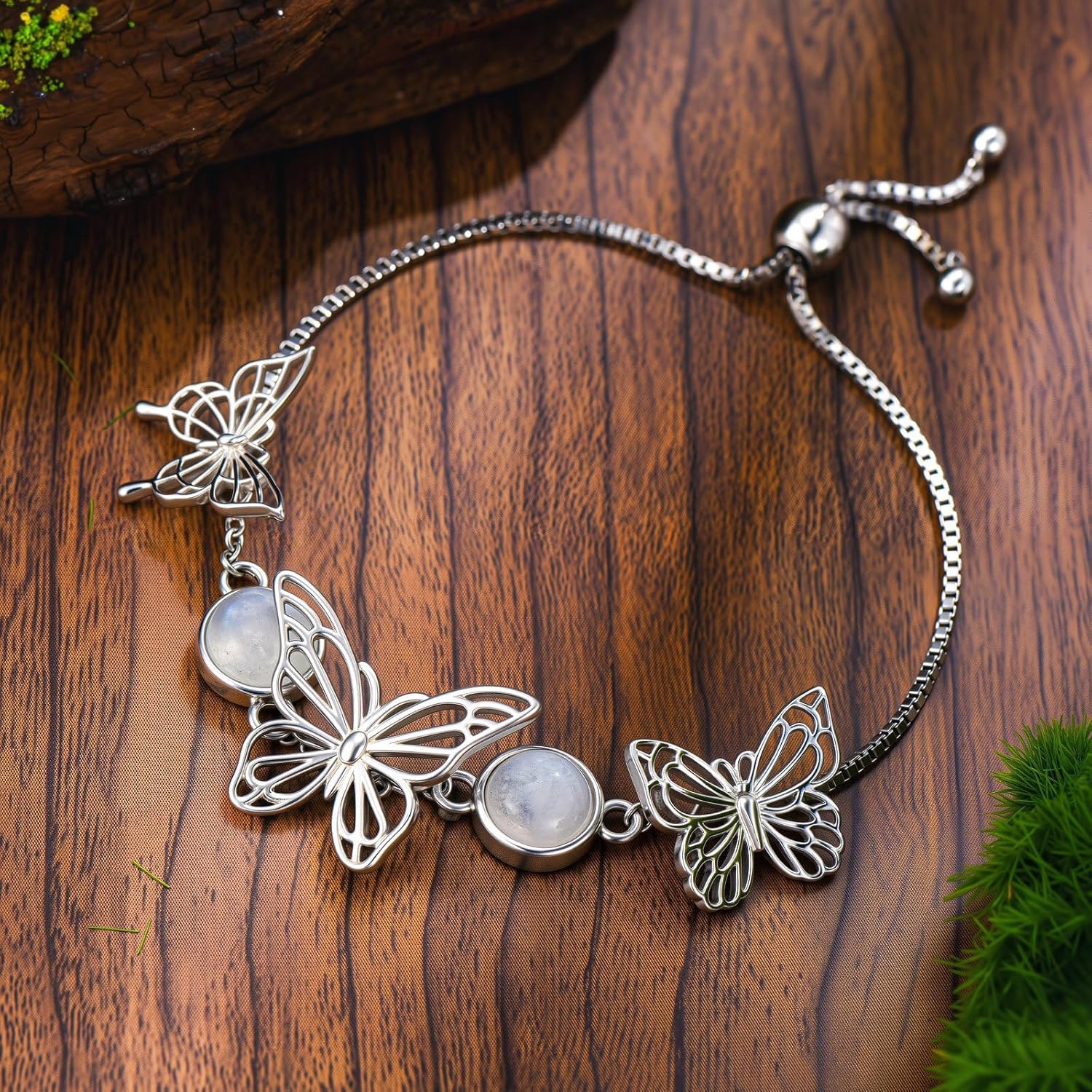 Genuine Moonstone Butterfly Link Bracelet for Women, Sterling Silver Real Gemstone Healing Adjustable Bracelet Jewelry, 6.5''-7.5'' - Image 2