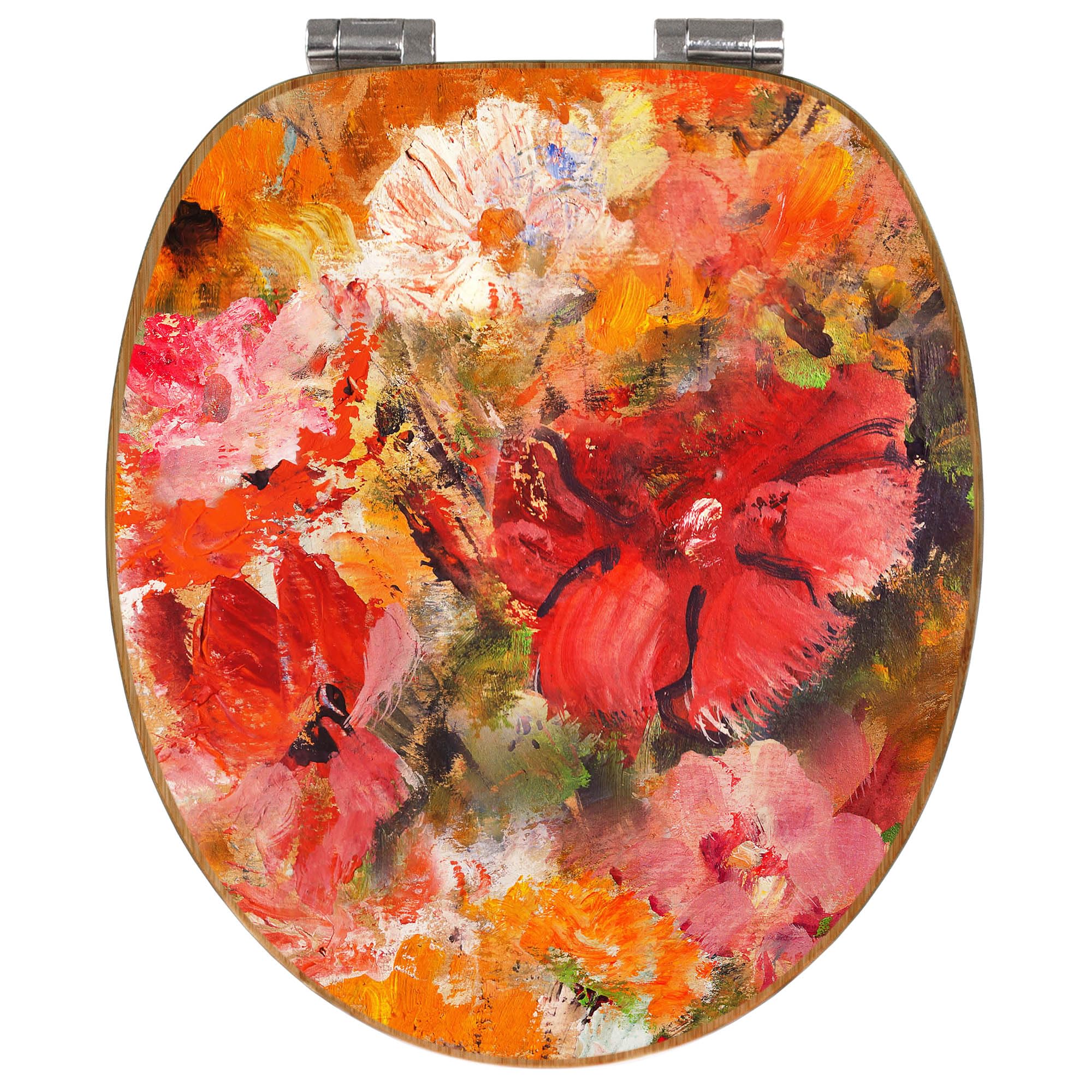banjado Design WC Sitz Bambus Absenkautomatik 45,8x37,5cm - Toilettendeckel mit Absenkautomatik Holz - hochwertiger Bambus Klodeckel - WC-Sitz für gängigen Toiletten - Motiv Fallende Blumen