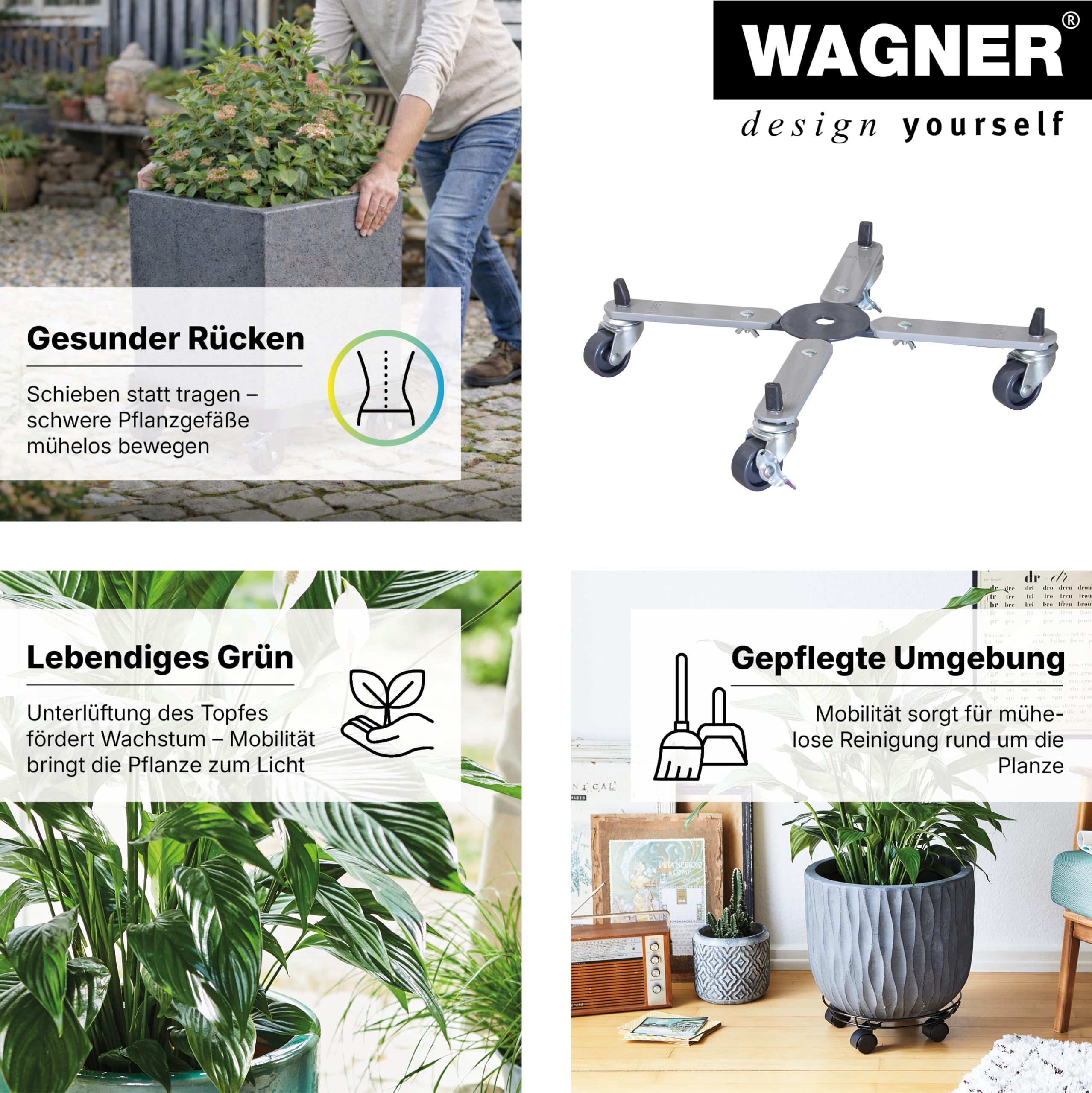Wagner Carrello per Piante Sun City Basic allungabile 32-46 x 6 cm di Superficie Utilizzabile I Carrello per Fiori per Interni ed Esterni I 2 Freni I Acciaio Rivestito I Portata 100 kg - 20082701