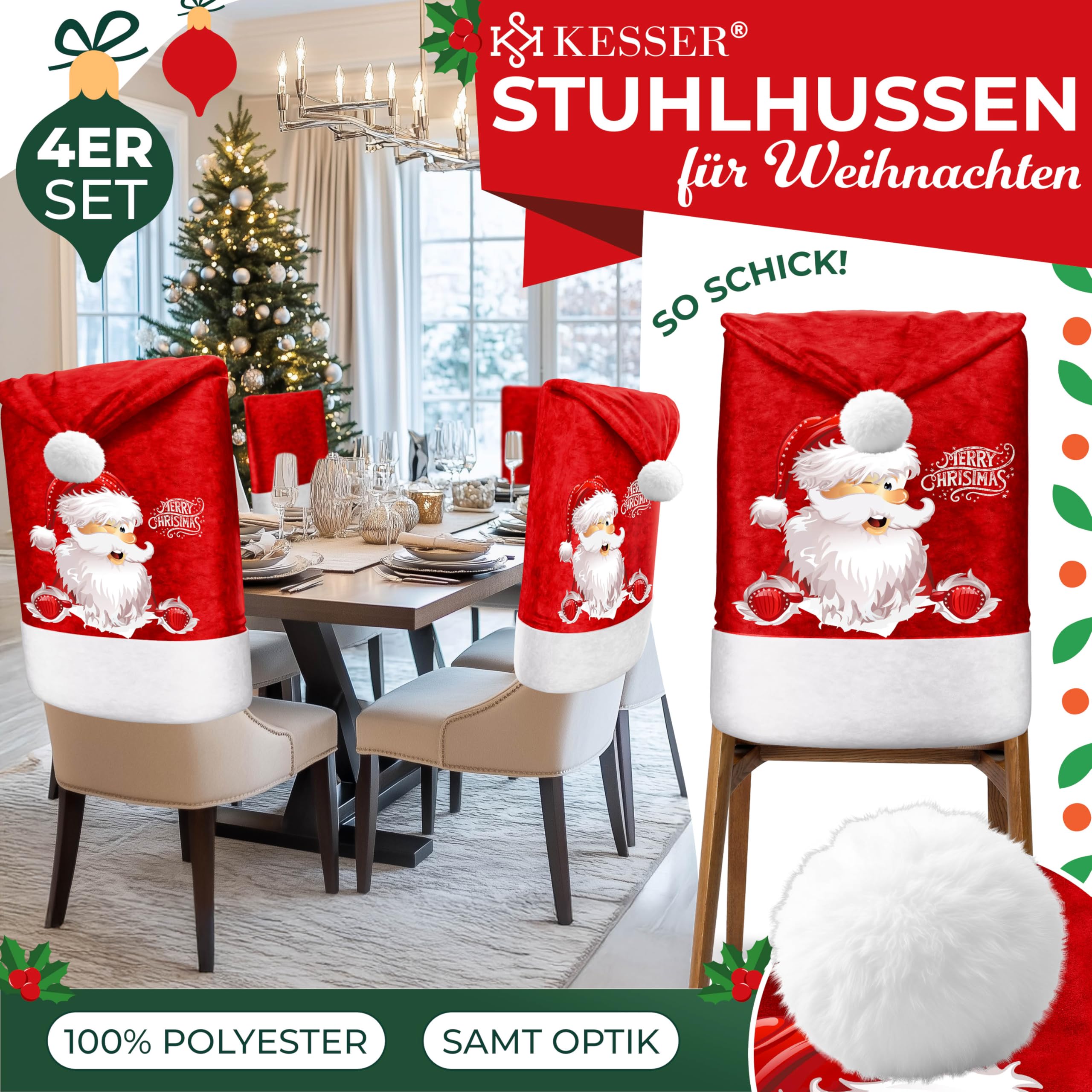 4 Housses De Chaise Noël Rouge Velours - 'Merry Christmas', Pompon Blanc, 65x50 Cm, Réutilisables