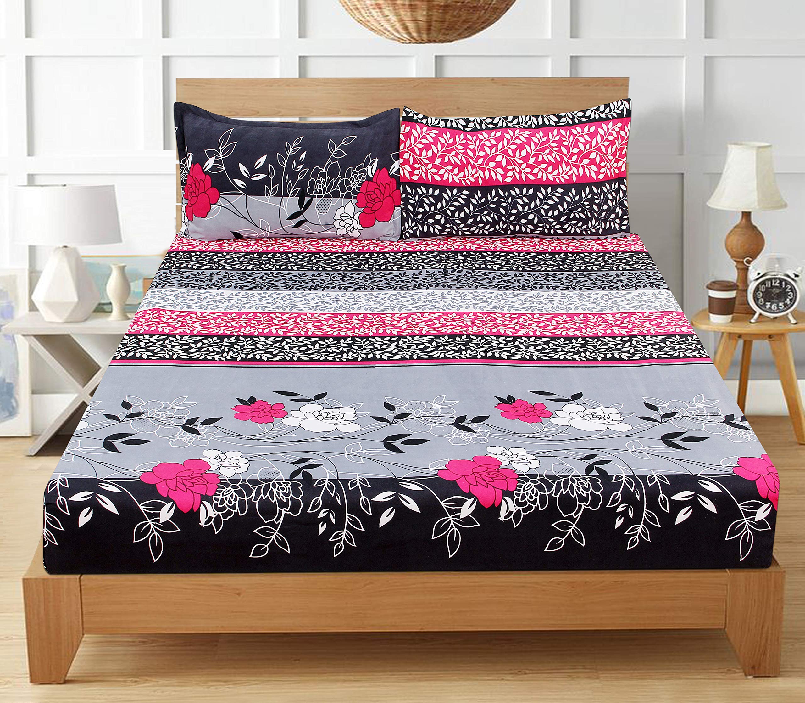 Cotton Bedsheets 144 TC Cotton Double/Queen Size Bed Cover with 2 Pillow Covers - Grey, White (90X90 inches)