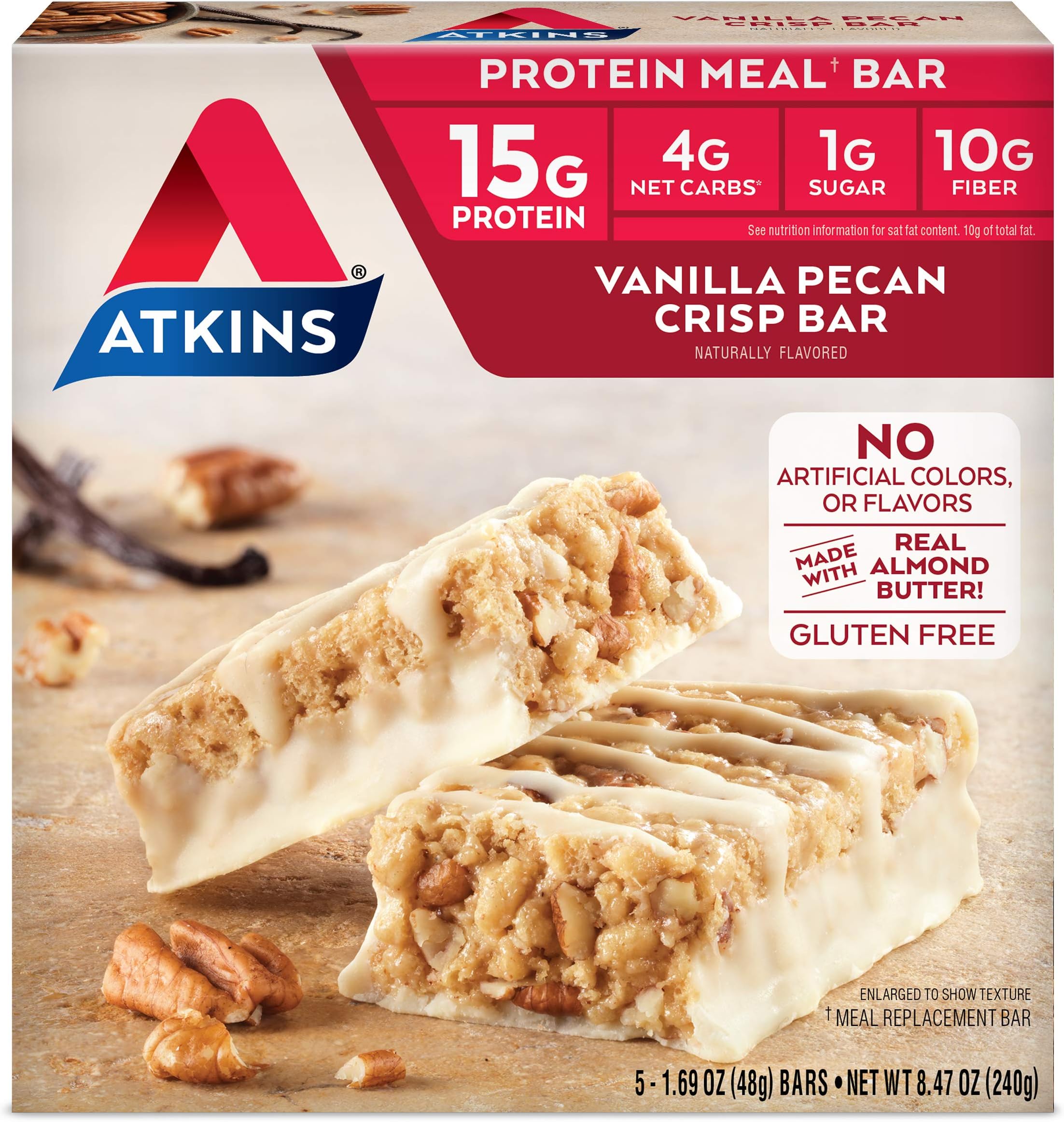 Atkins Vanilla Pecan Crisp Protein Meal Bar, High Fiber, 1g Sugar, 4g Net Carb Meal Replacement, Keto Friendly, 5 Count