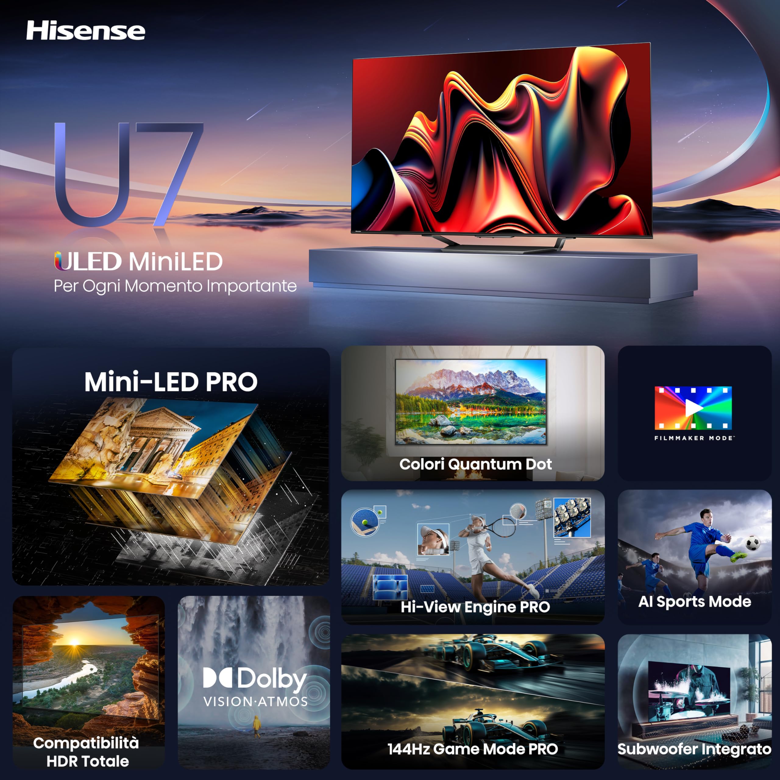Hisense TV 55" Mini-LED 4K 55U72NQ, Smart TV VIDAA U7, Dolby Vision IQ, HDR 10+ Adaptive, 144Hz Game Mode PRO, Alexa Built-in, VIDAA Voice, Tuner DVB-T2/S2 HEVC 10, lativù 4K, 55'', 2024 U7 144Hz