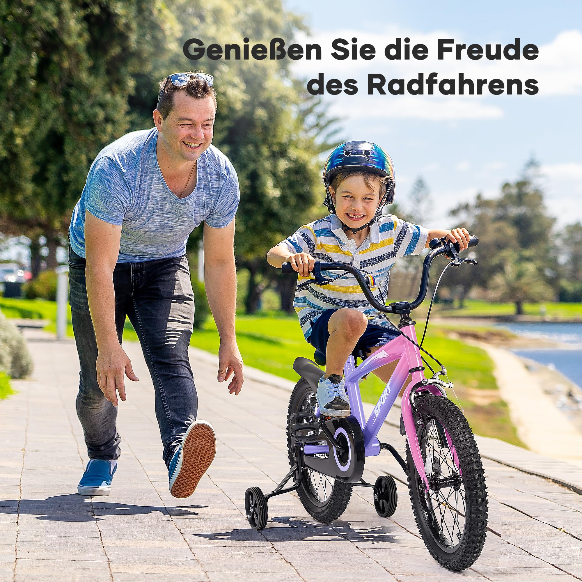 BODIOO Vélo enfant 14 pouces, vélo pour garçon et fille avec roues stabilisatrices, cadre stable, siège réglable, frein arrière et frein à main, adapté pour les cyclistes de 94 à 107 cm (dégradé