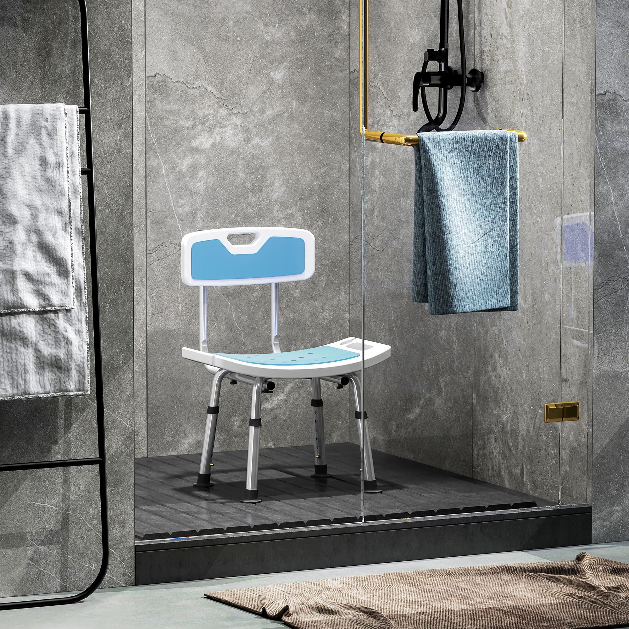 HOMCOM Silla Ducha Personas Mayores con Respaldo Antideslizante 136 kg | Silla de Ducha, Altura Ajustable en 6 Posiciones, para Ancianos y Discapacitados
