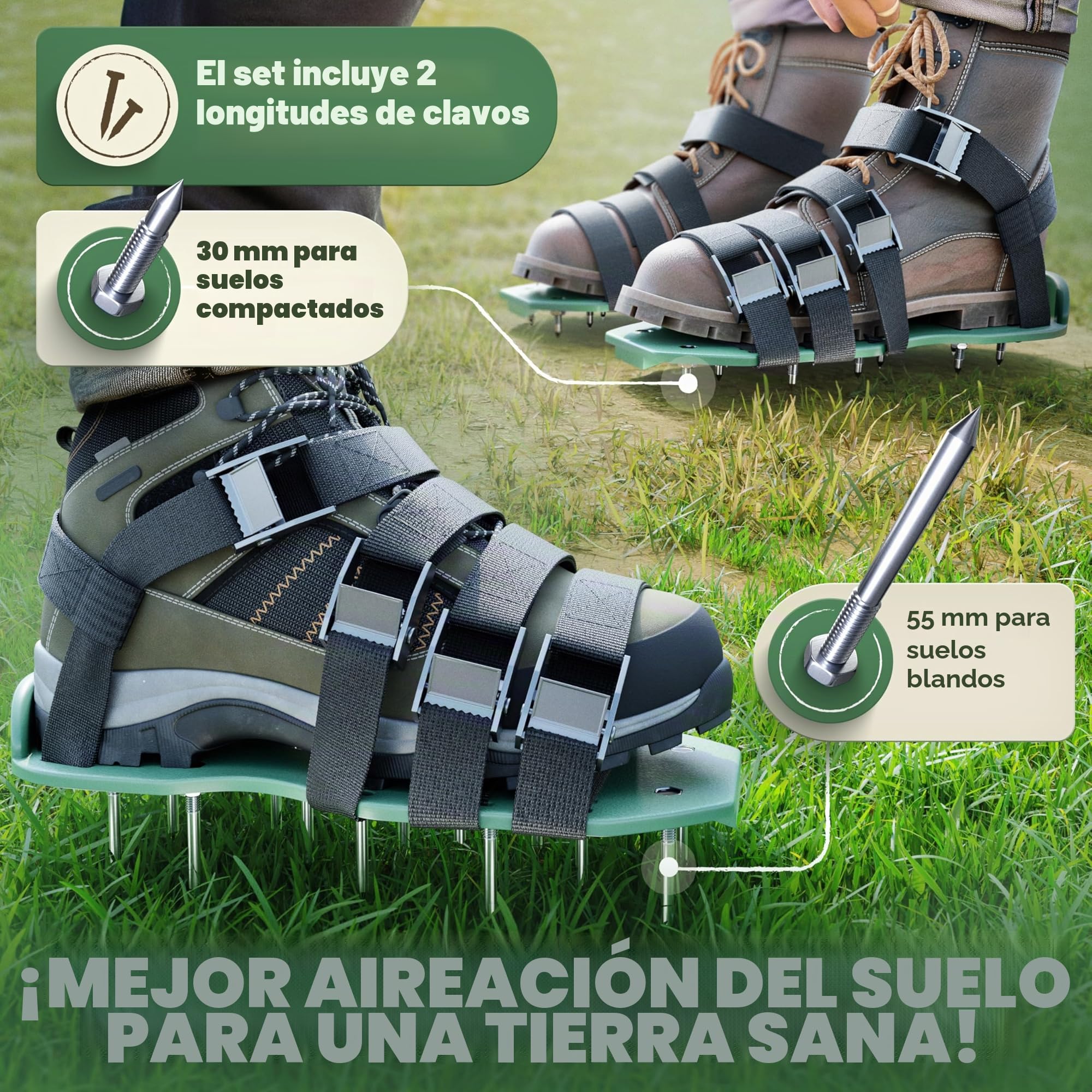 LAINFELD Aireador de césped, zapatos con clavos cortos y largos, aireador de césped con 4 correas, escarificador para césped, zapatos de jardín aerificados.