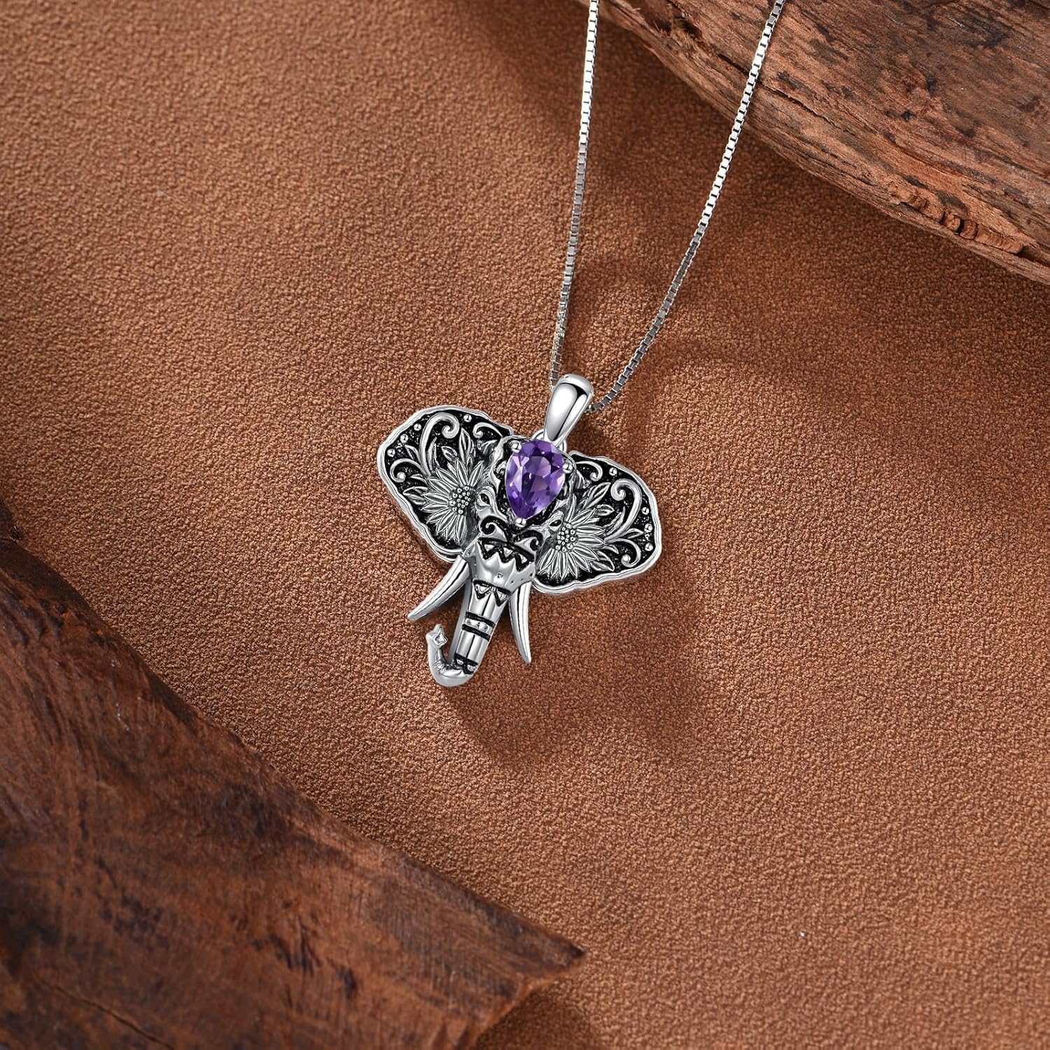 Sterling Silver Elephant Necklace with Amethyst for Women, Vintage Boho Ethnic Pendant Gift for Her, Christmas or Birthday Jewelry Present - Image 3