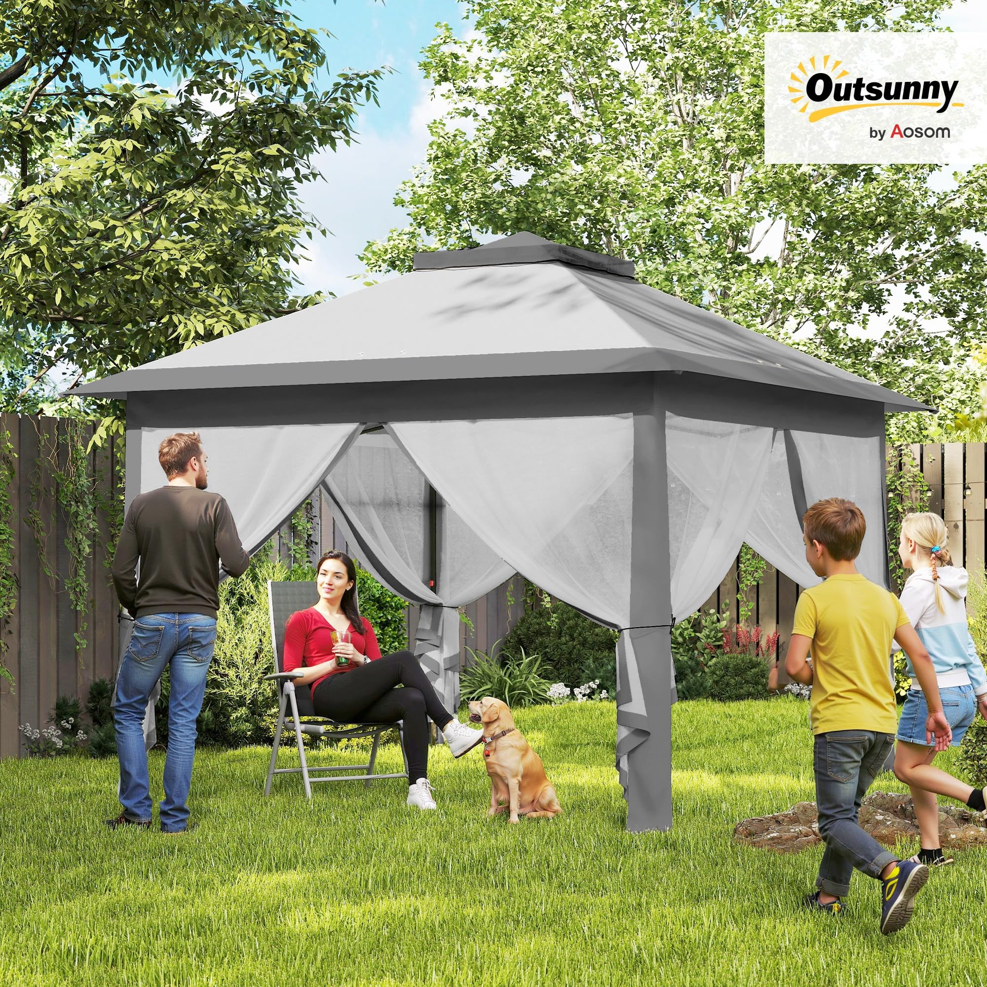 Outsunny Gazebo Pop Up 3.3x3.3 m Regolabile in Altezza su 3 Livelli con Zanzariere, Gazebo da Esterno con Tetto Doppio, Pannelli Laterali e Borsa da Trasporto in Metallo e Tessuto Oxford, Grigio