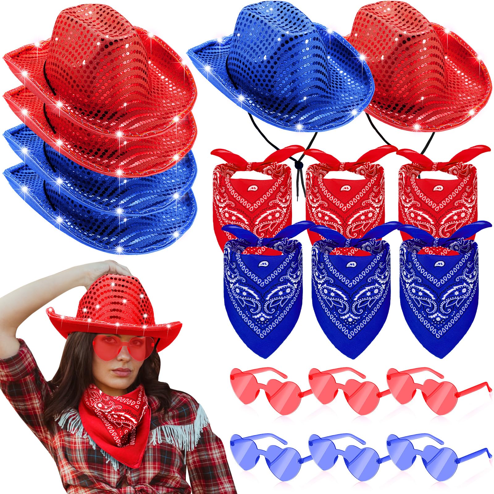 Shihanee 18 Pcs Light Cowboy Hat Space Cowgirl Hat LED Flashing Hat with Heart Glasses Western Costume Paisley Bandanna (Blue, Red)