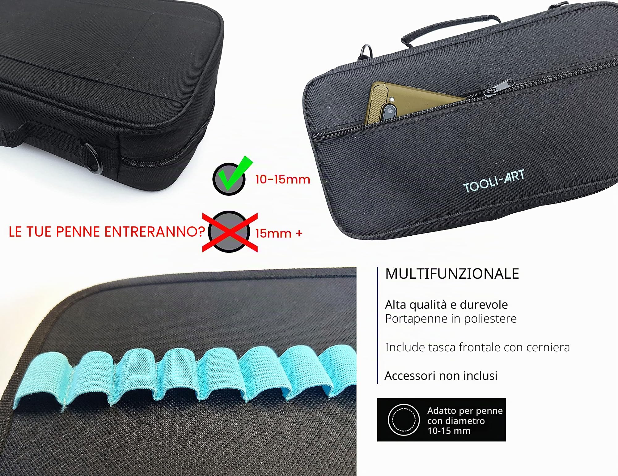 TOOLI-ART Custodia per pennarelli e penne, 120 scomparti, in tela, tasche extra, custodia trolley, tracolla rimovibile, per la maggior parte dei pennarelli (fino a 15 mm di diametro), rossetti, ecc.,