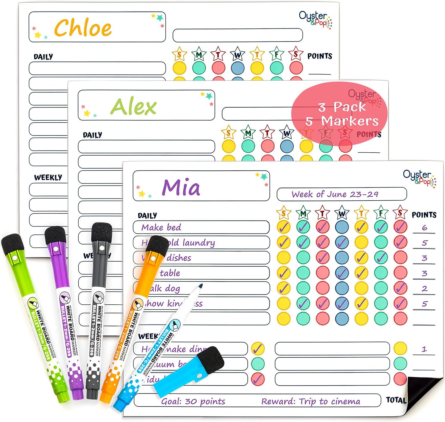 Award-Winning Black Magnetic Chore Charts for Kids - 3 Pack Dry Erase Responsibility & Behavior Charts for Multiple Kids - Reward Chart for Home - Reusable Chore Boards with Markers