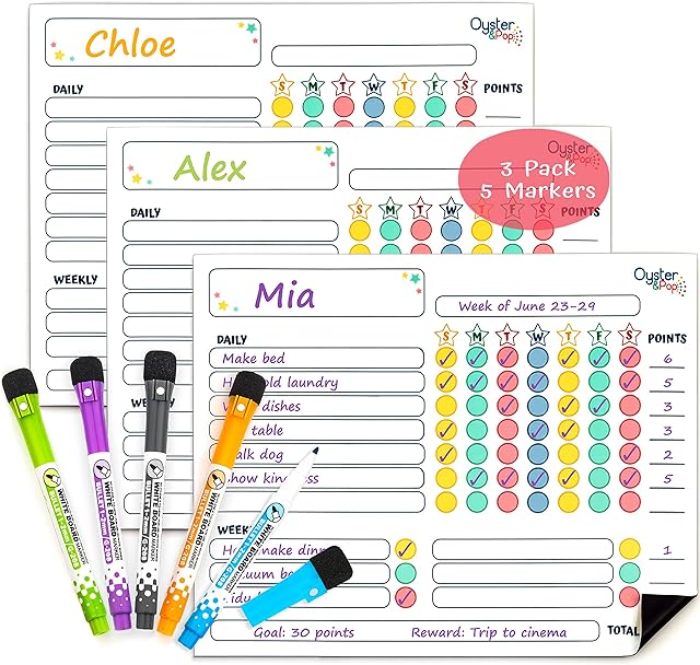 Magnetic Chore Chart 3 Pcs for Multiple Kids & Adults - Fine Tip Markers - Dry Erase Refrigerator Boards - Reward Good Behaviour & Responsibility - Organise The Family