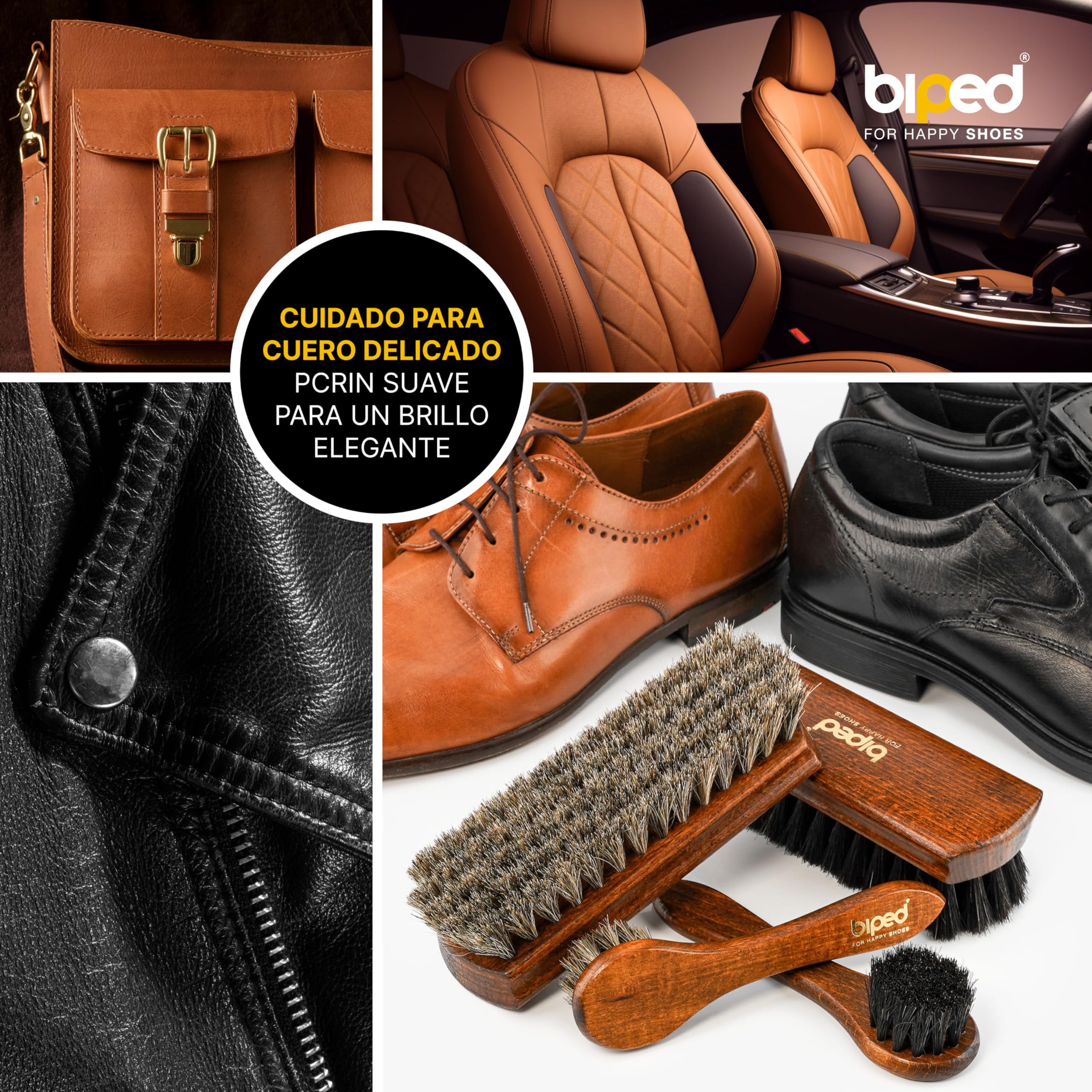 Biped Set de 4 cepillos para Zapatos Classic con Mango de Haya – 2 para aplicar betún + 2 para abrillantar con Crin de Caballo – Completo Kit de Cuidado del Calzado en Caja Regalo z2487