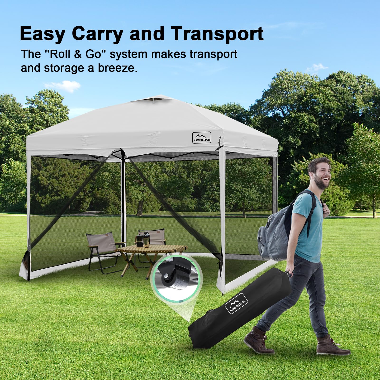 Toldo desplegable de 10 x 10 pies con mosquitera, tienda de campaña instantánea para exteriores, para eventos, patio, campamento, picnic, cenador con 4 sacos de arena, 1 bolsa con ruedas 5