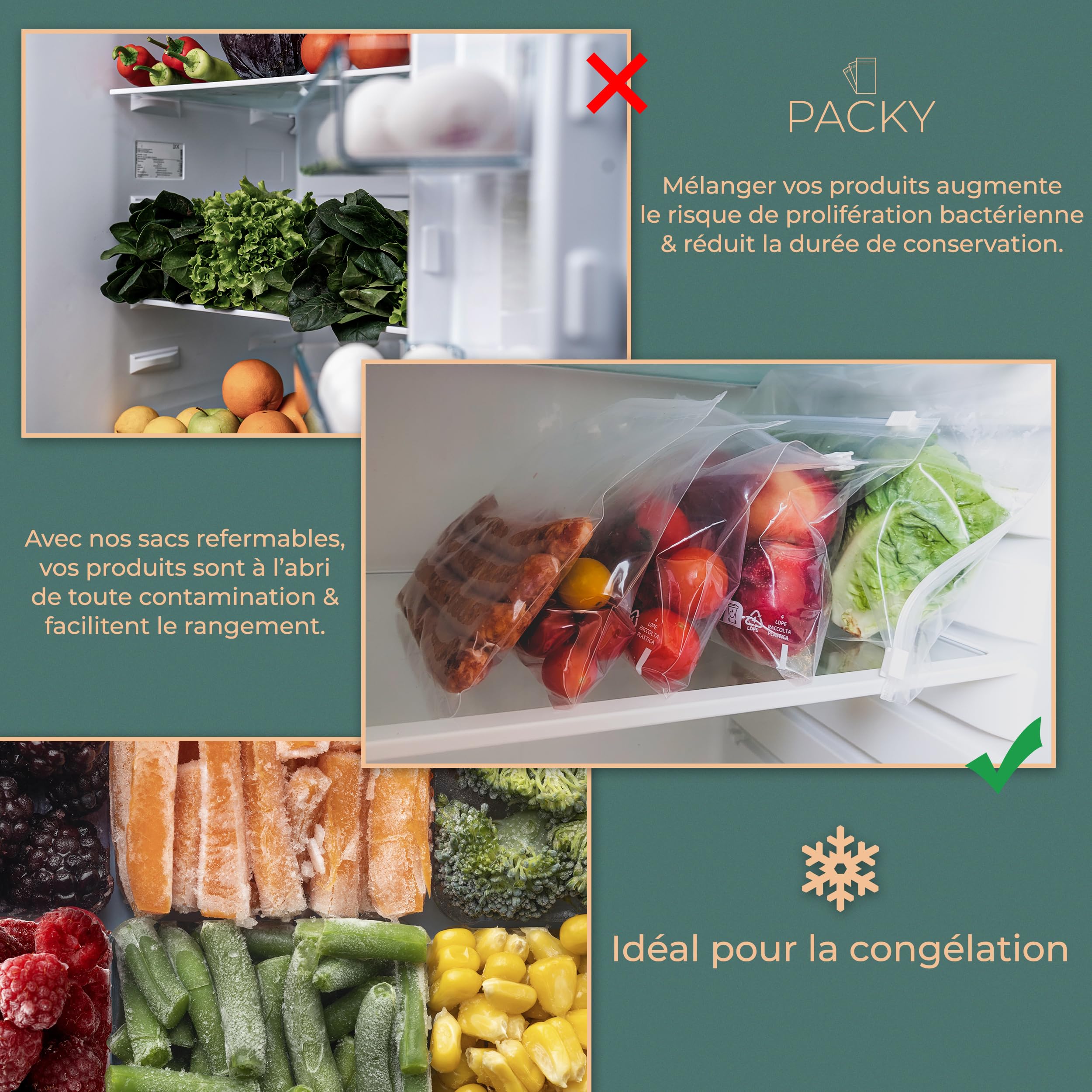 PACKY - Sacs Congelation 35x28 cm 250 Pieces - Sachet Alimentaire Zip Curseur - Conservation Fraicheur