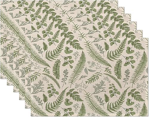 Juego de 6 manteles individuales con diseño de helechos tropicales, con hojas florales botánicas, antideslizantes, resistentes al calor, lavables,