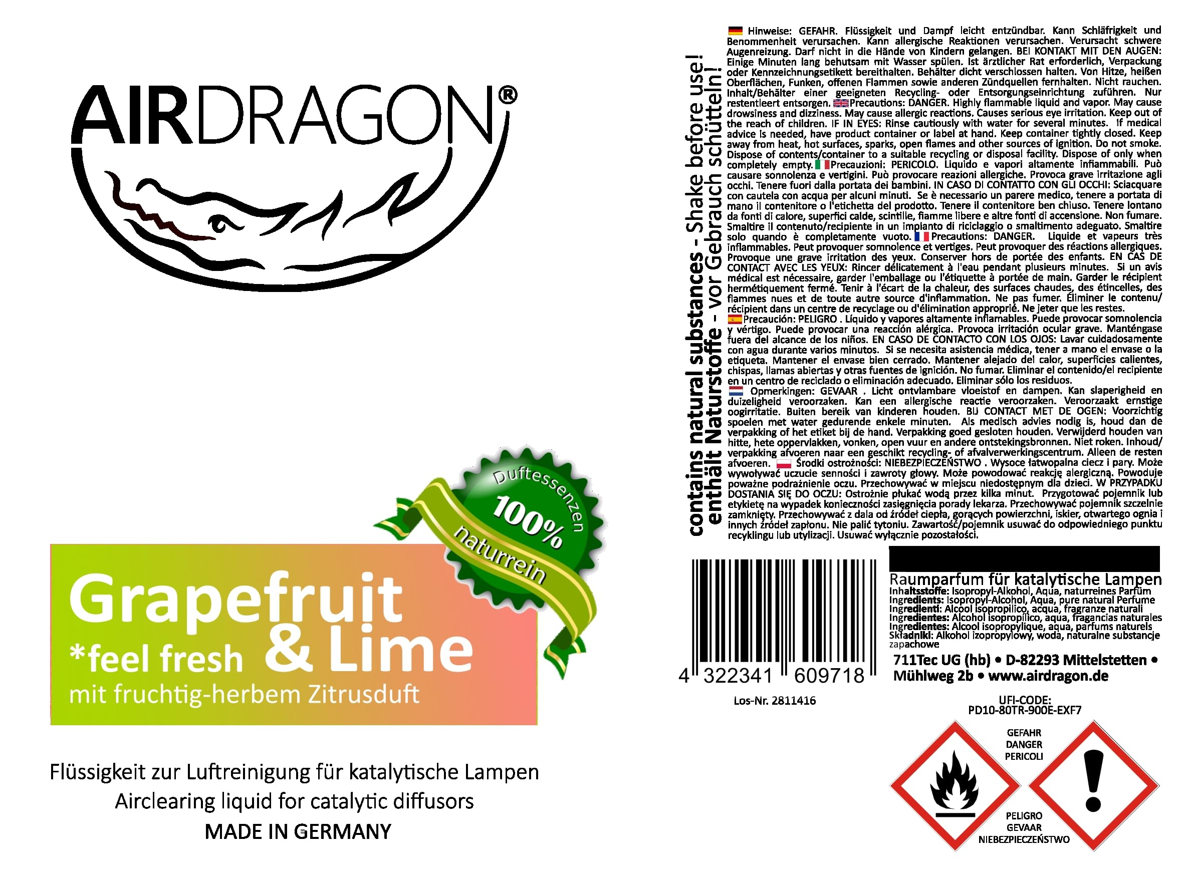 AIRDRAGON® Duft-Set • NEUTRAL + GRAPEFRUIT & LIME • 2 x 1 Liter • Für jede katalytische Lampe • OHNE künstliche Duftstoffe • Premium Natur Raum-Duft