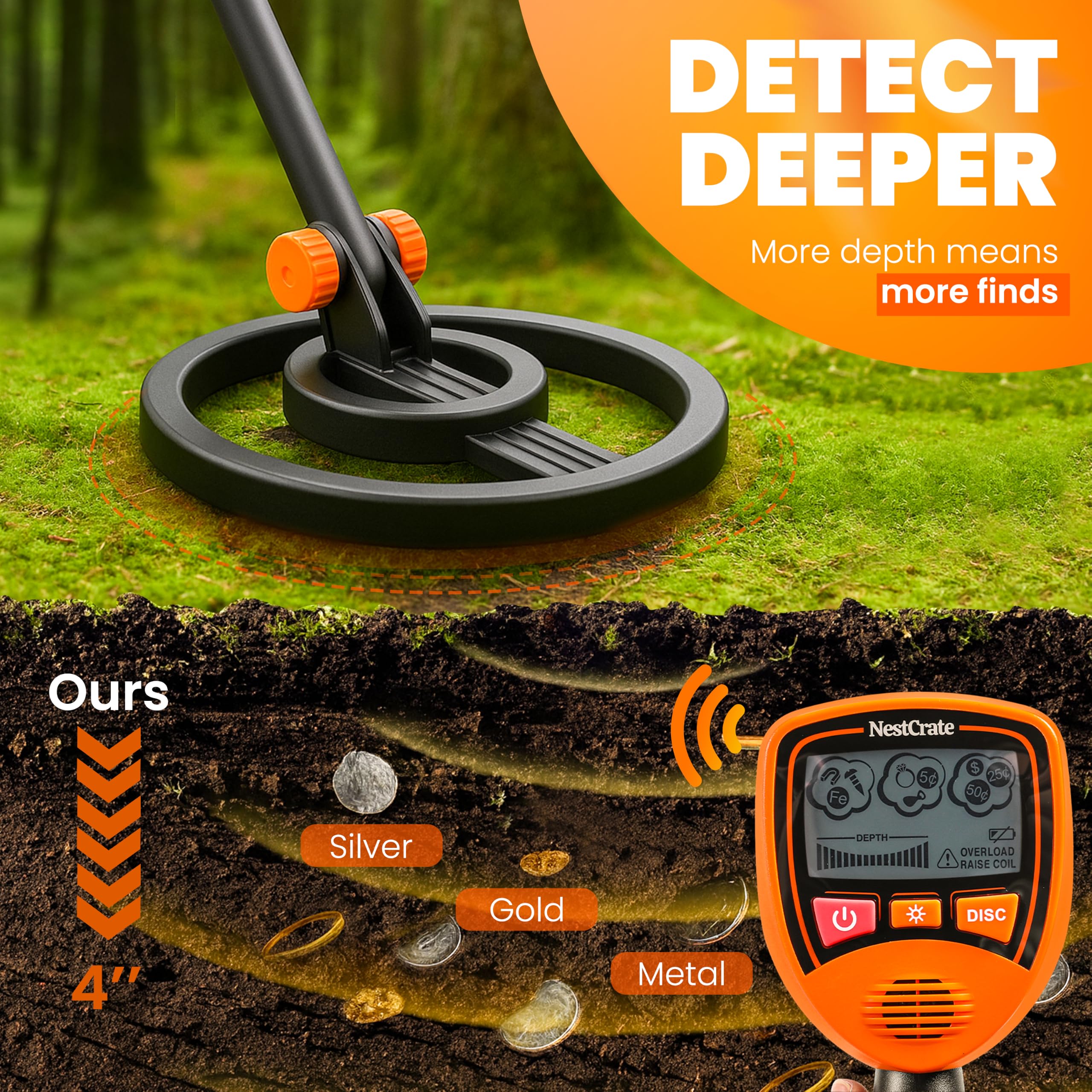 Detector de metales para niños – Detector de metales inalámbrico con bobina impermeable, longitud ajustable, rastrillo de mano de 3 puntas y paleta para detectar objetos pequeños de hasta 4
