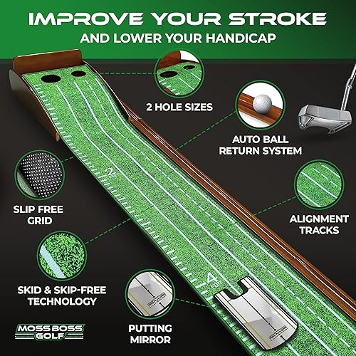 Miniatura 2 de Alfombrilla de práctica con pista automática de retorno de pelota y espejo de putting – Tapete de práctica de golf interior para mini juegos y uso