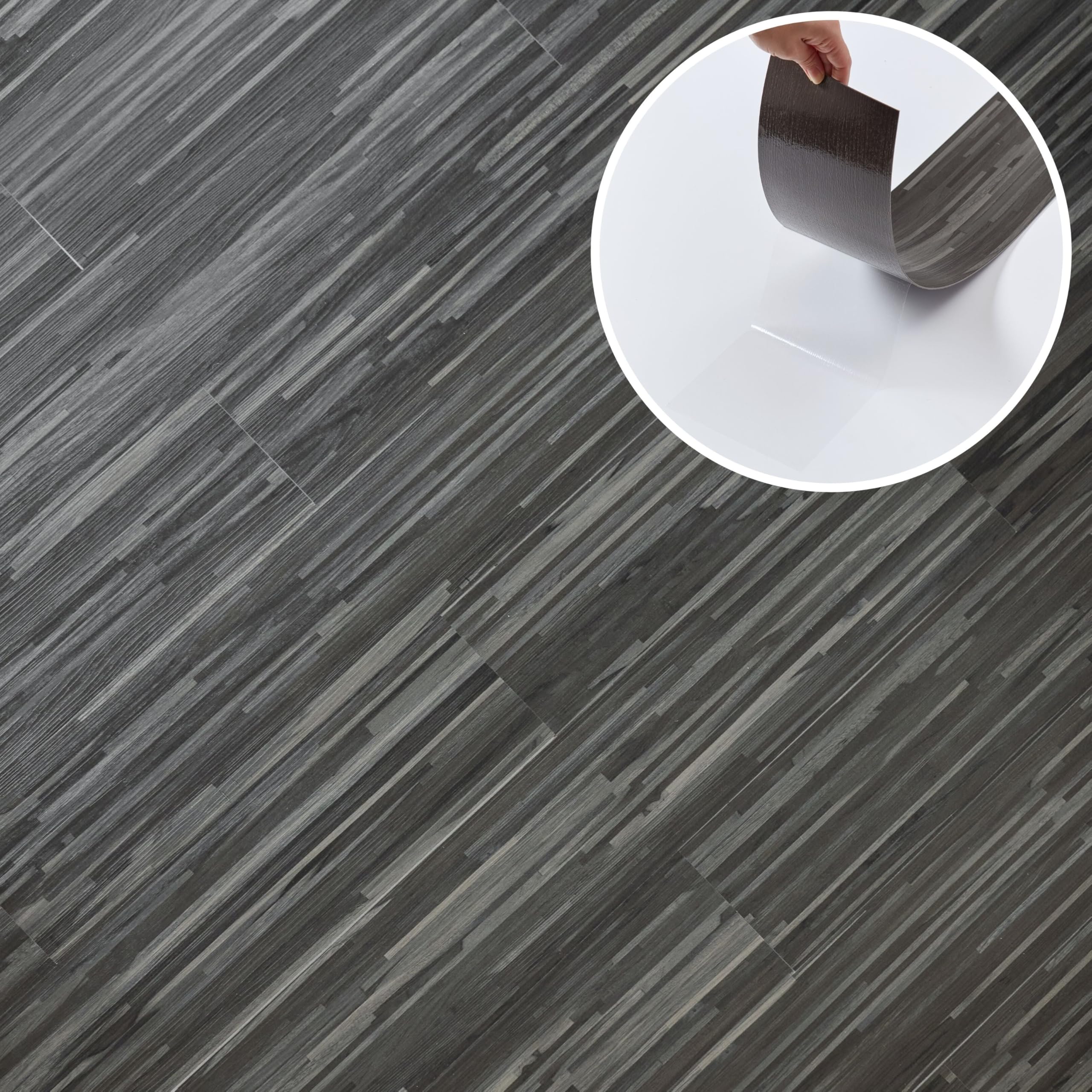 Grey Self Adhesive Floor Planks - 20 Pack Cover 29.92 sq ft / 2.78 sqm - Vinyl Flooring Set - Peel and Stick Tiles - 36x5.98 in (91.4x15.2cm) - Vinyl Floor Tiles - Dark Shadowline Flow Wood Effect