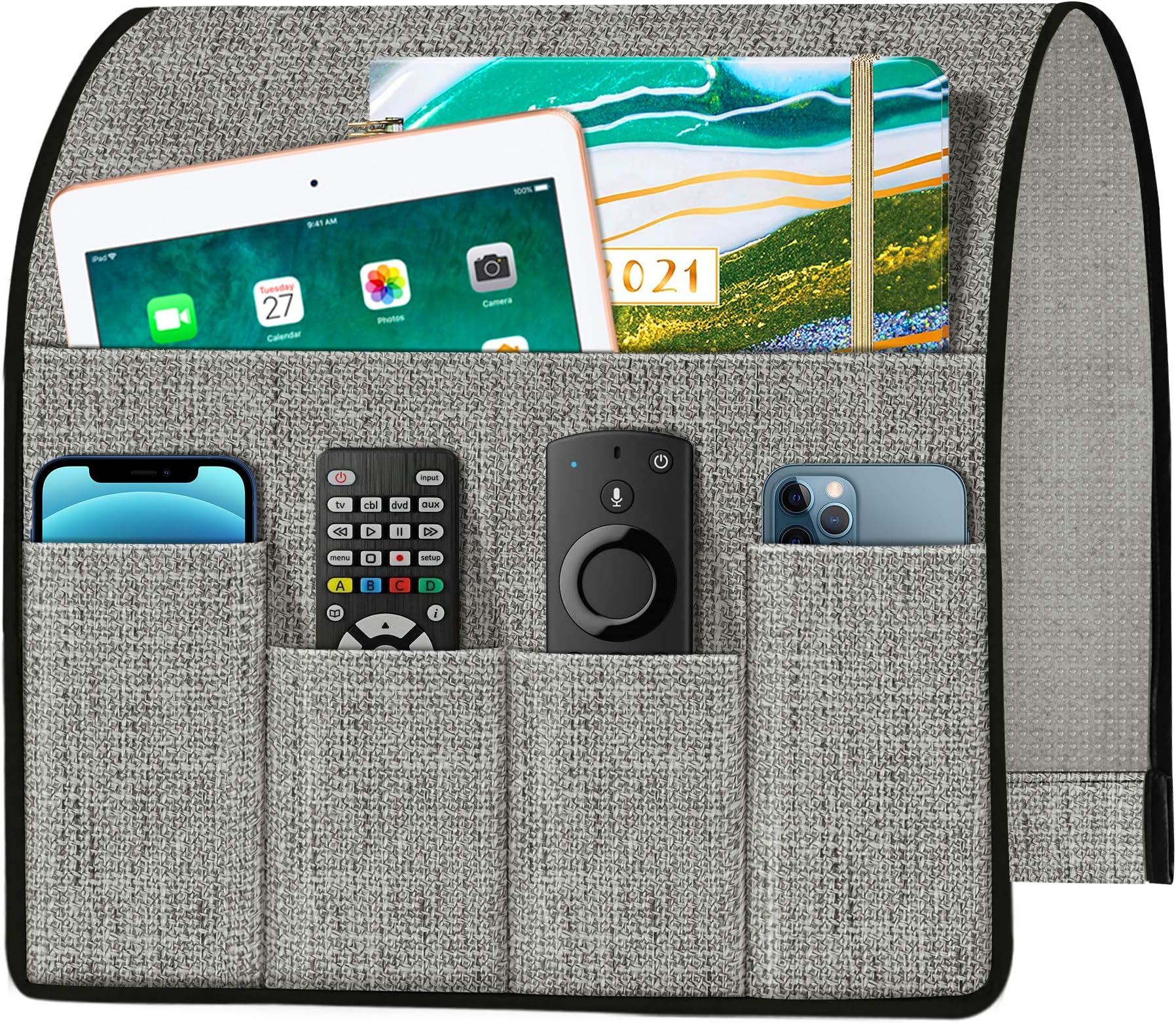 Joywell Bedside Sofa Organiser, Hanging Couch Caddy Storage with 5 Pockets, Cotton Linen, for Cellphone Laptop Book, Grey