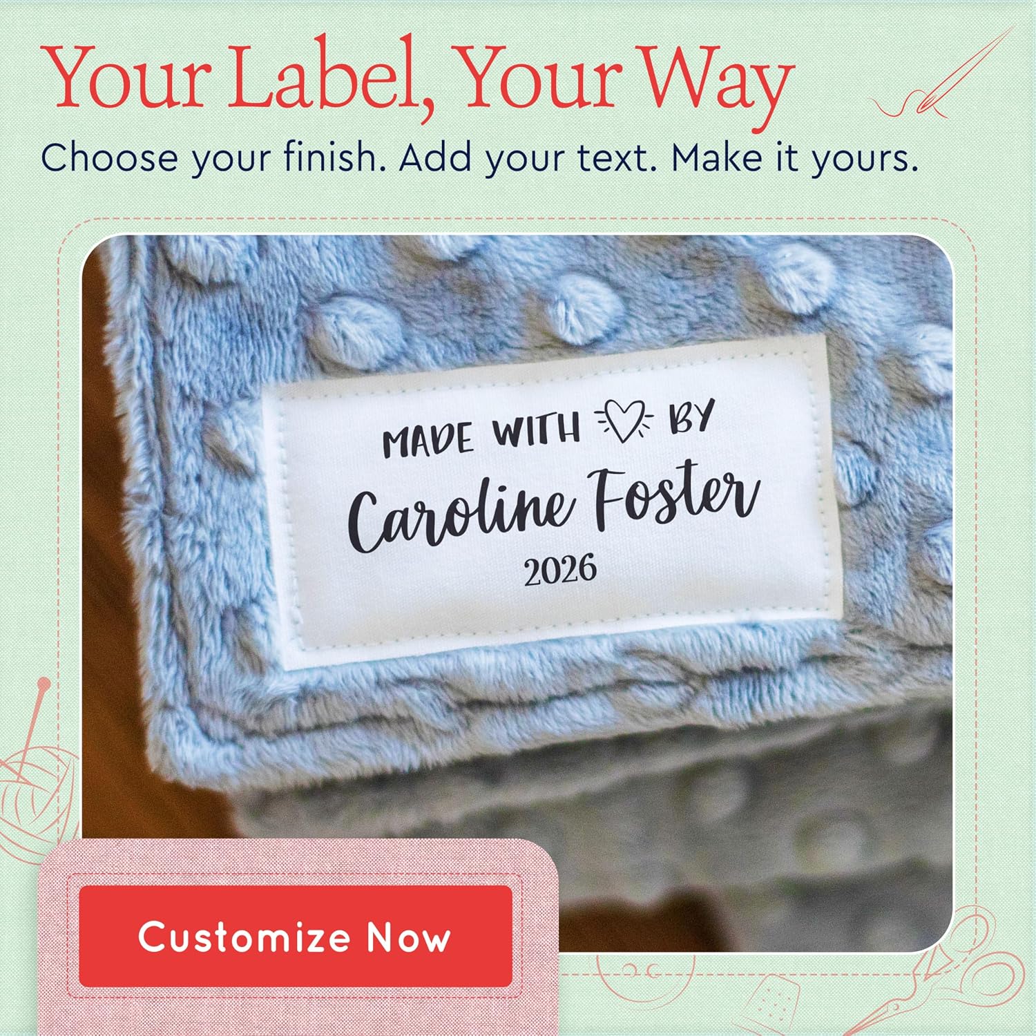 Cotton Personalized Fabric Tags 1.5”x3” Each | Custom Sewing Labels, Set of 15 Labels – Sew On or Iron On – Gift for Quilters, Knitters, Grandma – Machine Washable Quilt Tags - Modern with Love