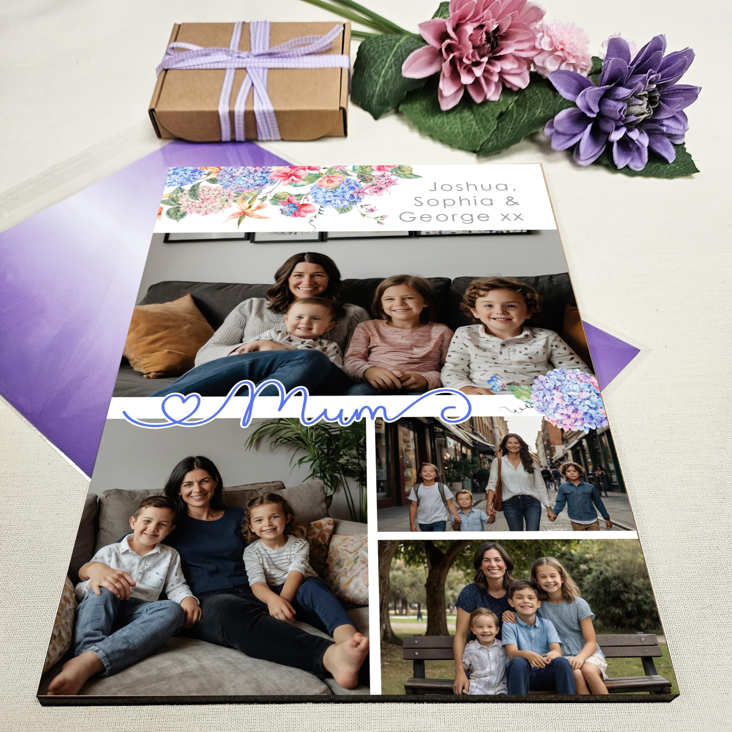 Personalised Photo Gift A4 Wooden Wall Art Mother's Day Customised Print for Mum Mummy Grandma Nan Gift, Blue Floral - Image 2