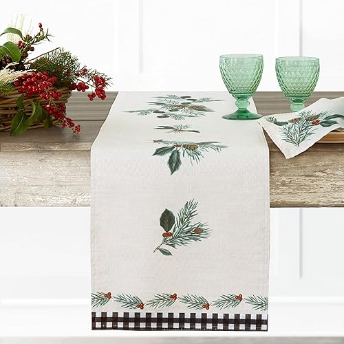 Lintex Festive Berry - Camino de mesa de tela de Navidad con bordes rústicos, color negro, diseño de cuadros y acebo, estampado navideño de 70