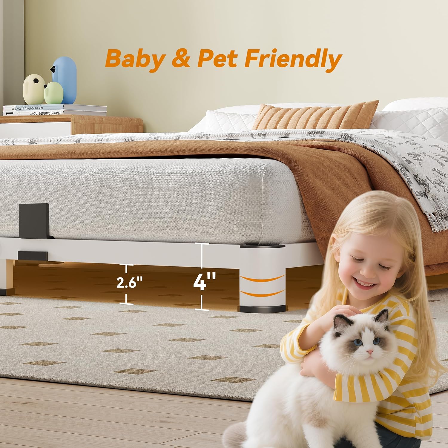 NKZ Queen Platform Bed Frame 4 Inch, Heavy Duty Metal Low Profile Bed Frame with Round Corner Legs, 3500lbs Weight Capacity Reinforced Frame, No Box Spring Needed，Noise-Free, Easy Assembly