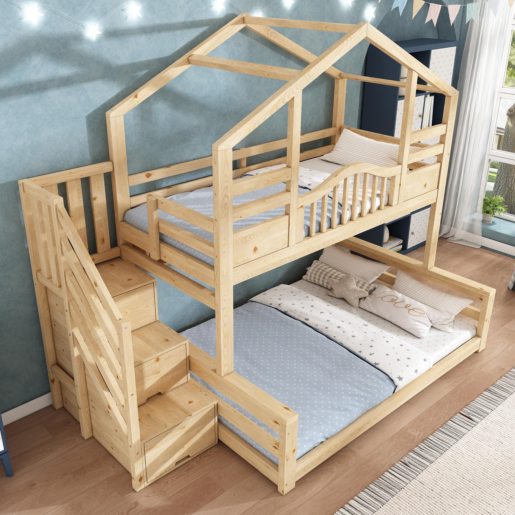 Lit Superposé Enfant avec escalier de rangement et étagères, Lit Enfant multifonctionnel avec 90x200 partie supérieure et 140x200 partie inférieure, en bois naturel Beige Clair Naturel (Sans Matelas)
