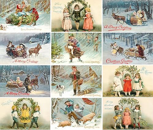 Miniatura 2 de PIXILUV SNOWY CHRISTMAS Tarjetas de felicitación 12 tarjetas grandes  Navidad blanca nevada con familia  Reimpresión de postales navideñas vintage