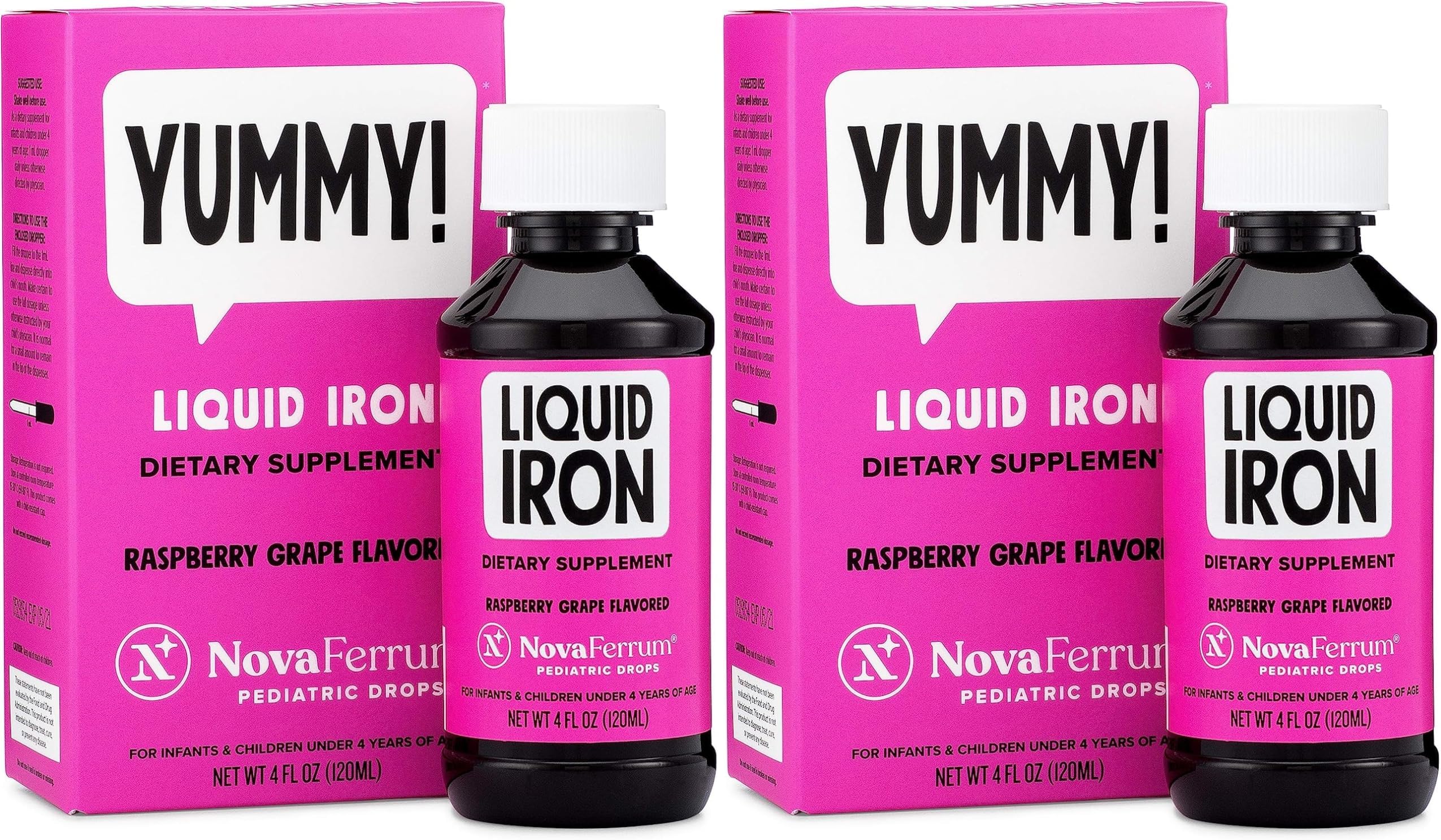 NovaFerrum Pediatric Drops Liquid Iron Supplement for Infants and Toddlers 4 fl oz (120 mL) - Raspberry Grape- Pack of 2