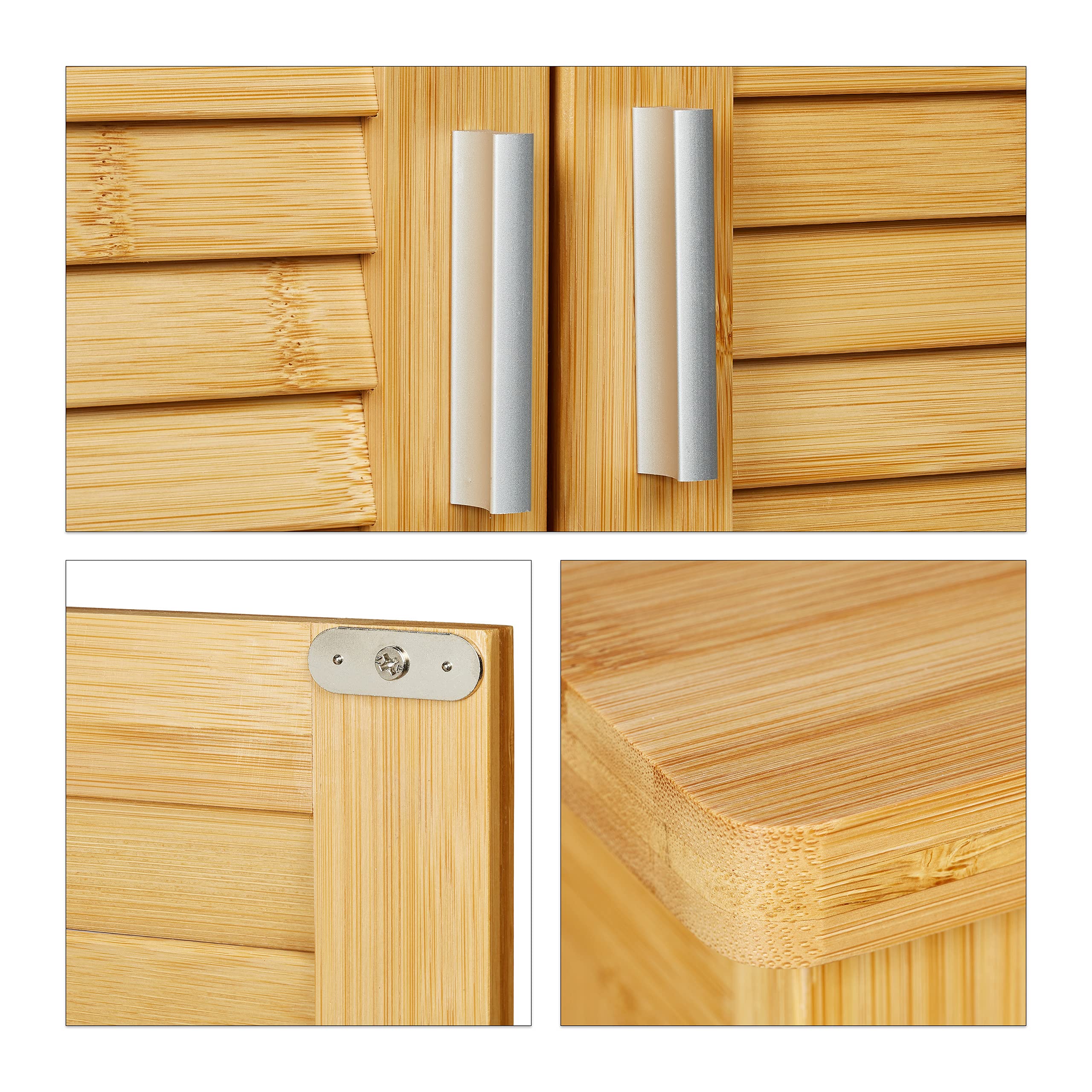 Relaxdays Pensile Bagno LAMELL, in Bambù, con Porta Asciugamani, 3 Ripiani, 2 Ante, Mobiletto, 66 x 62 x 20 cm, naturale