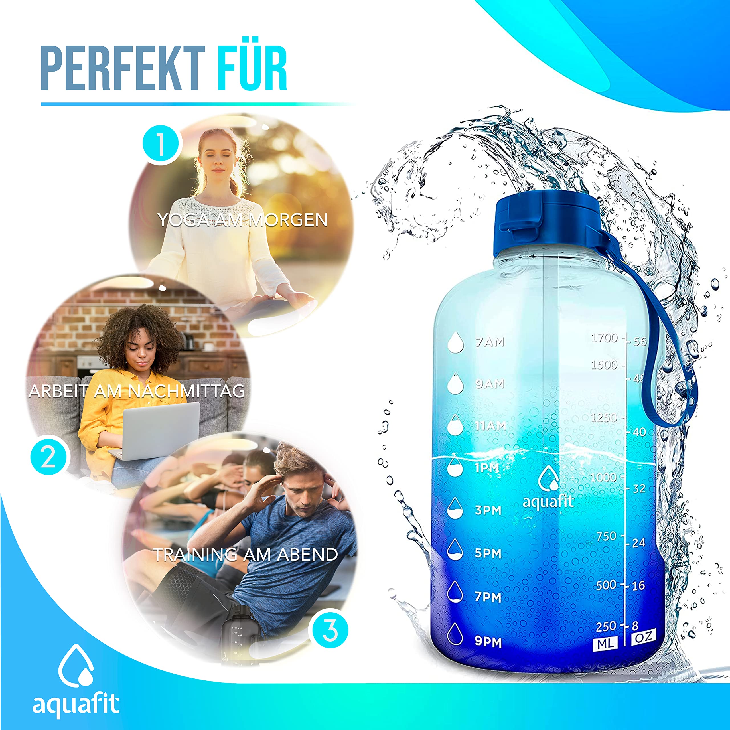 AQUAFIT Trinkflasche 2,3 Liter mit Strohhalm - Halbe Gallone Trinkflasche - Trinkflasche Fitness mit Zeit Markierungen - Großer Water Jug Trainingsflasche für Sport | BPA-freie Wasserflasche mit Strohhalm und Trinkdeckeln – auslaufsichere Fitness-Wasserfl