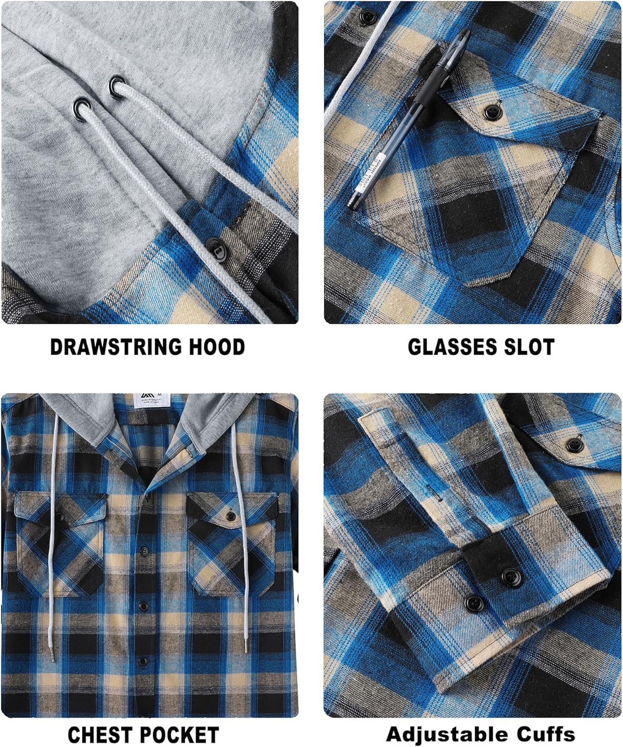Mens Plaid Button-up Hoodies Loose Fit Long Sleeve Cotton Casual Tops Lightweight Hooded Flannel Shirt with Pockets - Image 4