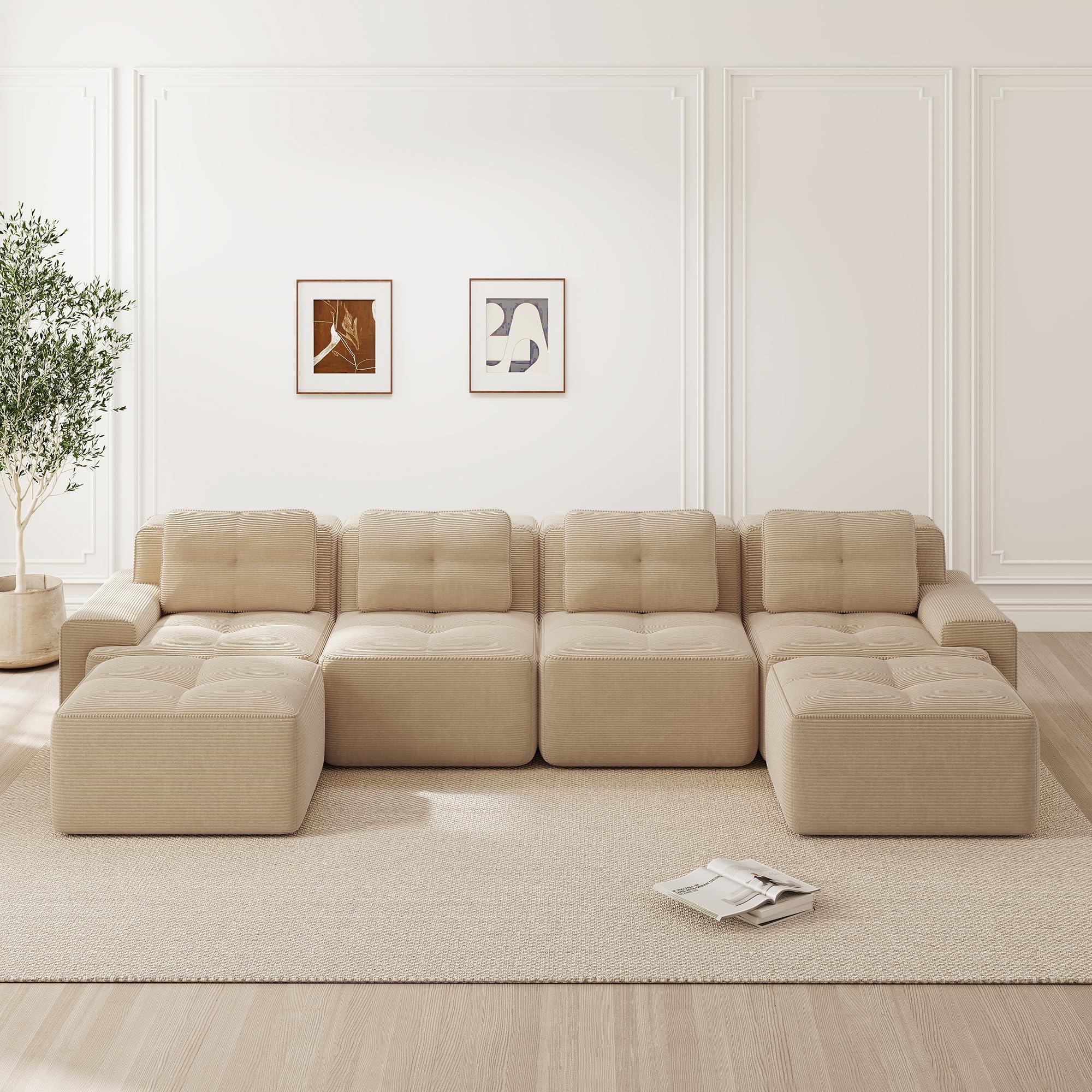 Bladez Sofá rinconera Modular en U de 4 plazas de Pana con 3 pufs, Beige